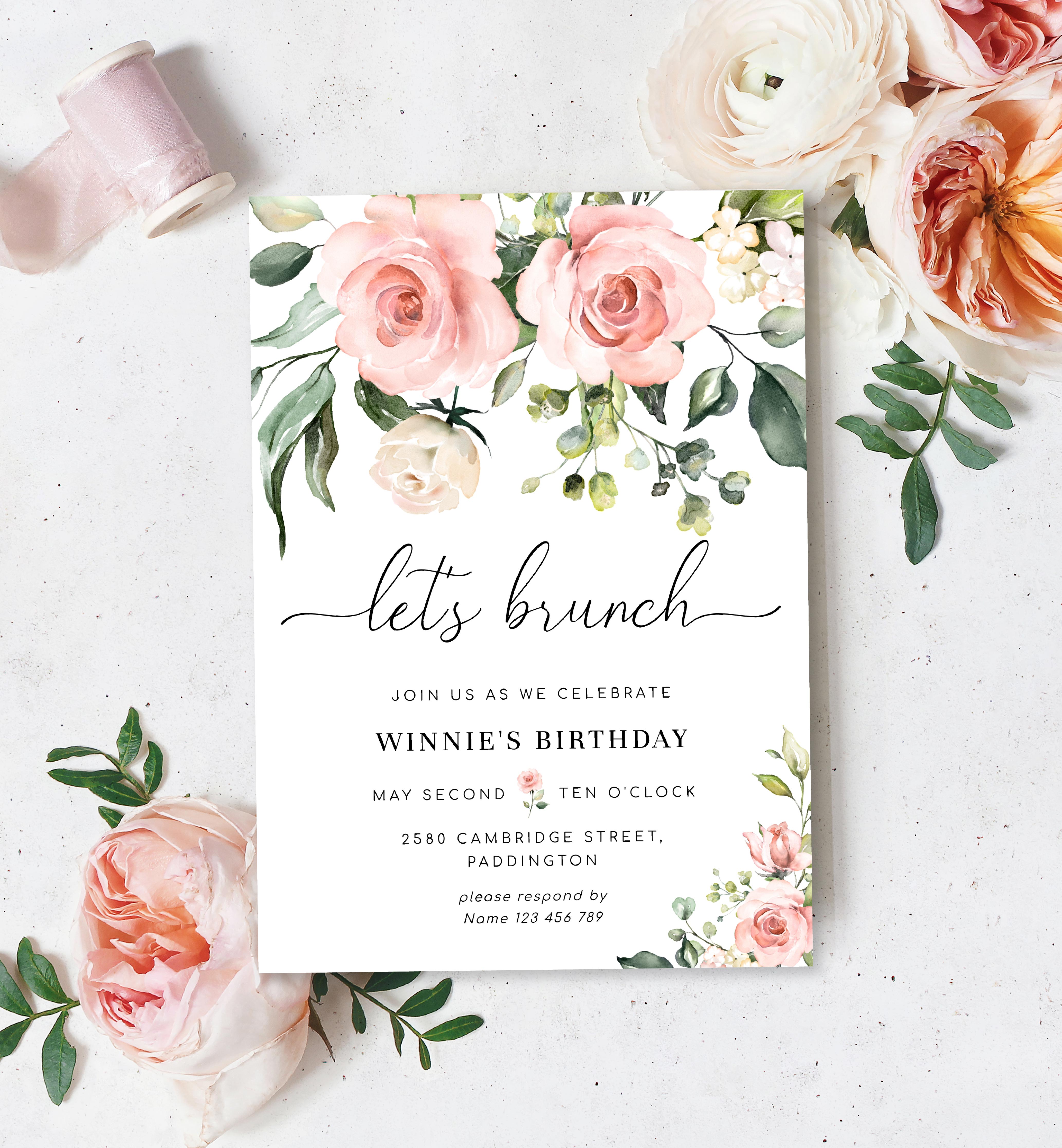 DAR-PNK-1-B1979 - DARCY FLORAL - PINK - LET'S BRUNCH INVITATION design preview