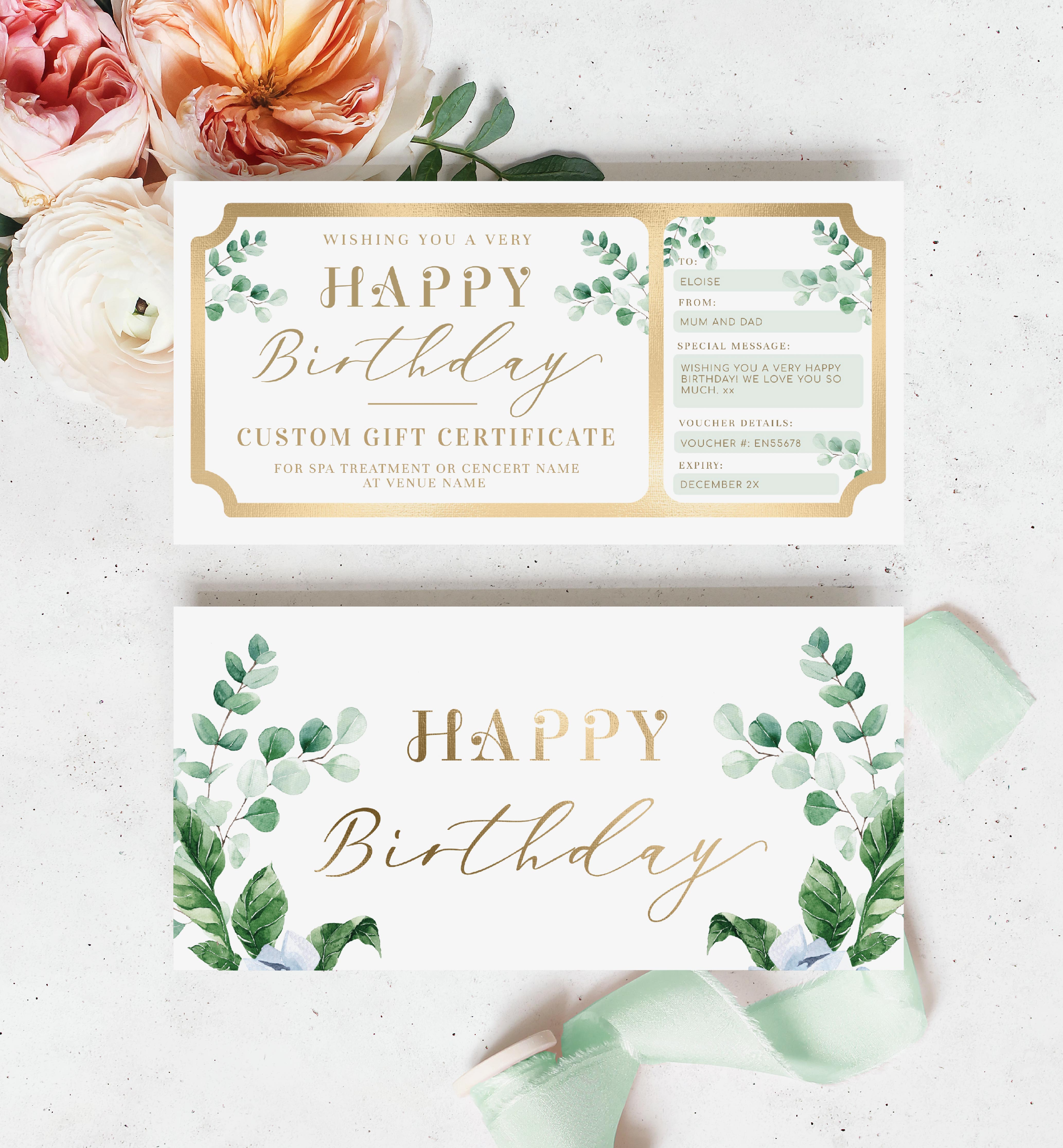 FER-GRE-14-B2056 - FERRAS BLOSSOM - GREENERY - BIRTHDAY GIFT CERTIFICATE design preview