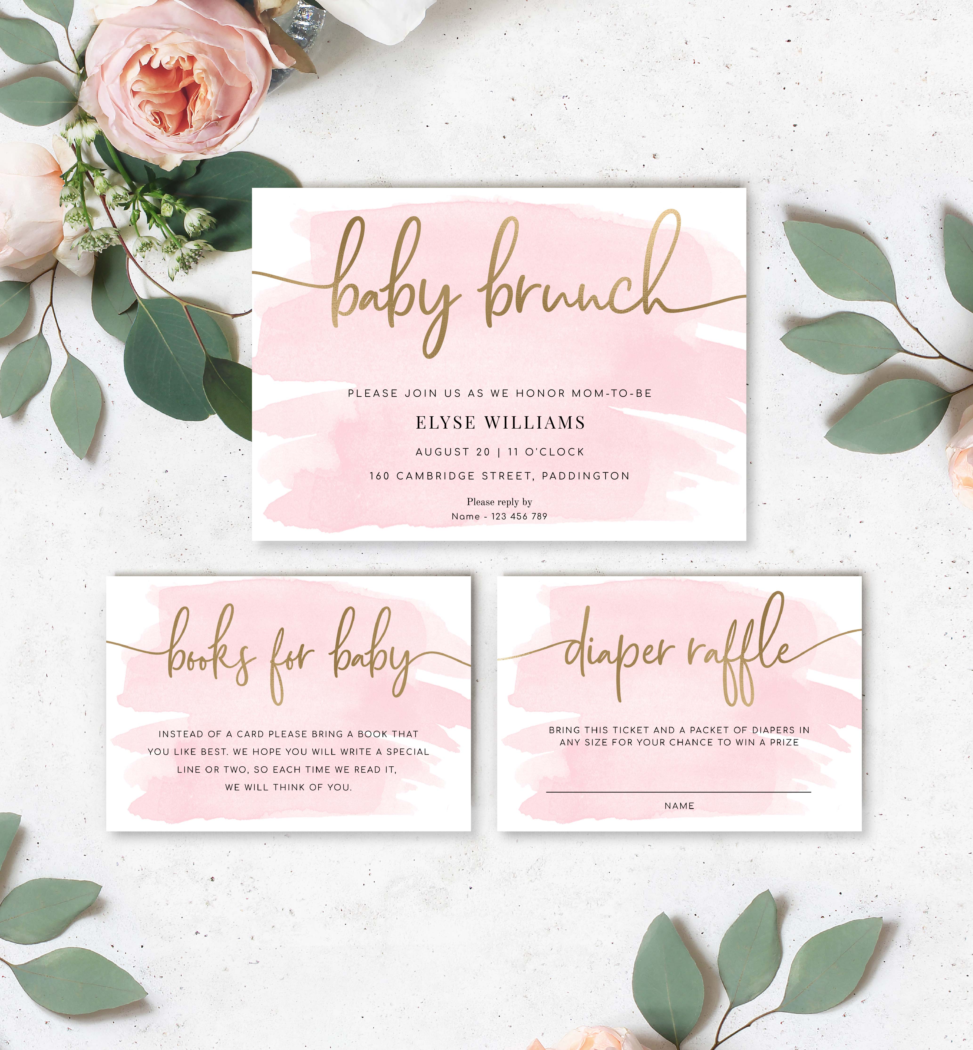 WAT-PNK-1-B2853 - WATERCOLOUR - PINK GOLD - BABY BRUNCH INVITATION SUITE design preview