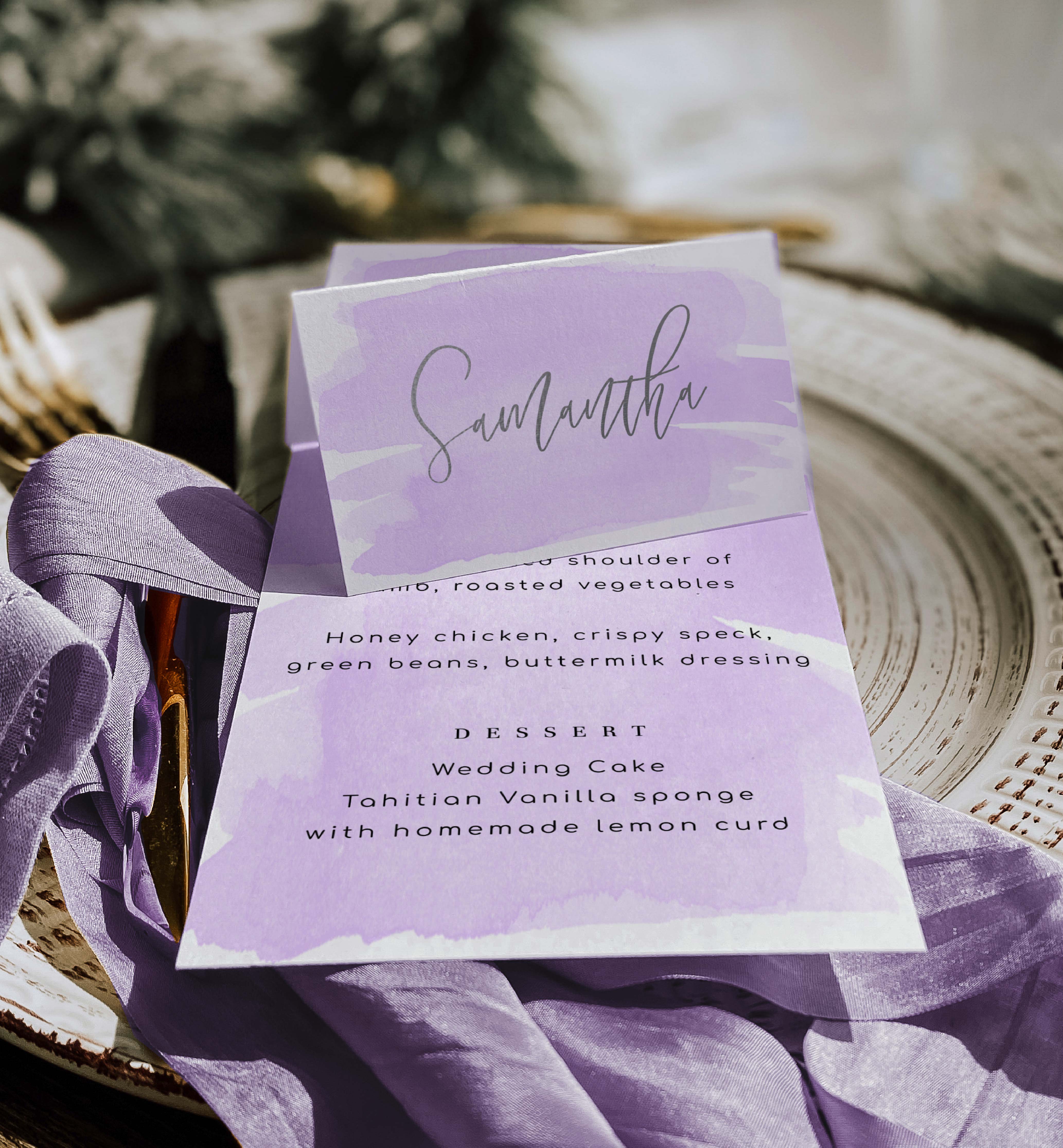 WAT-PUR-5-B963 - WATERCOLOUR PURPLE - SILVER - FLAT PLACE CARDS design preview