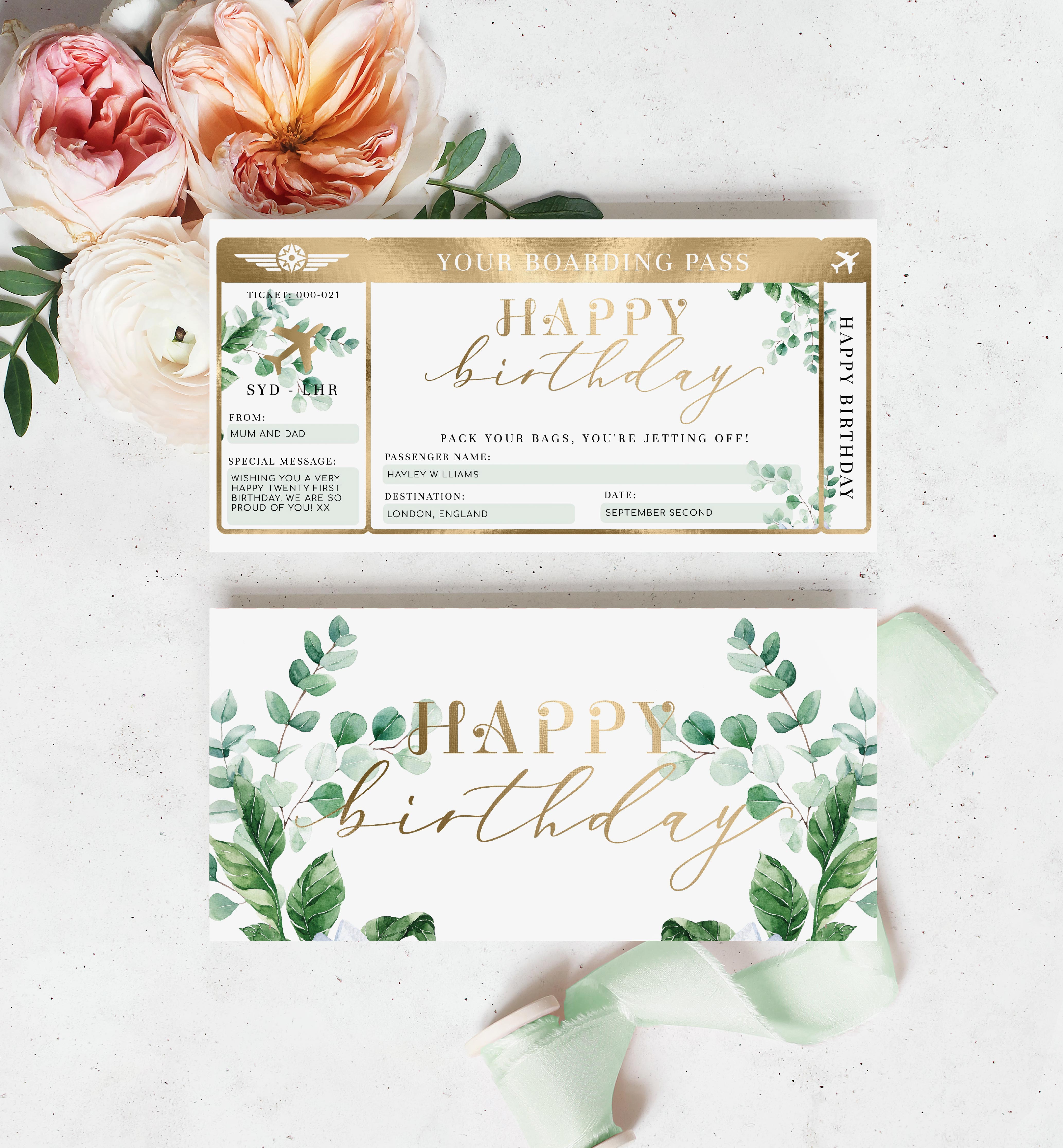 FER-GRE-14-B1494 - FERRAS BLOSSOM - GREENERY - HAPPY BIRTHDAY BOARDING PASS design preview