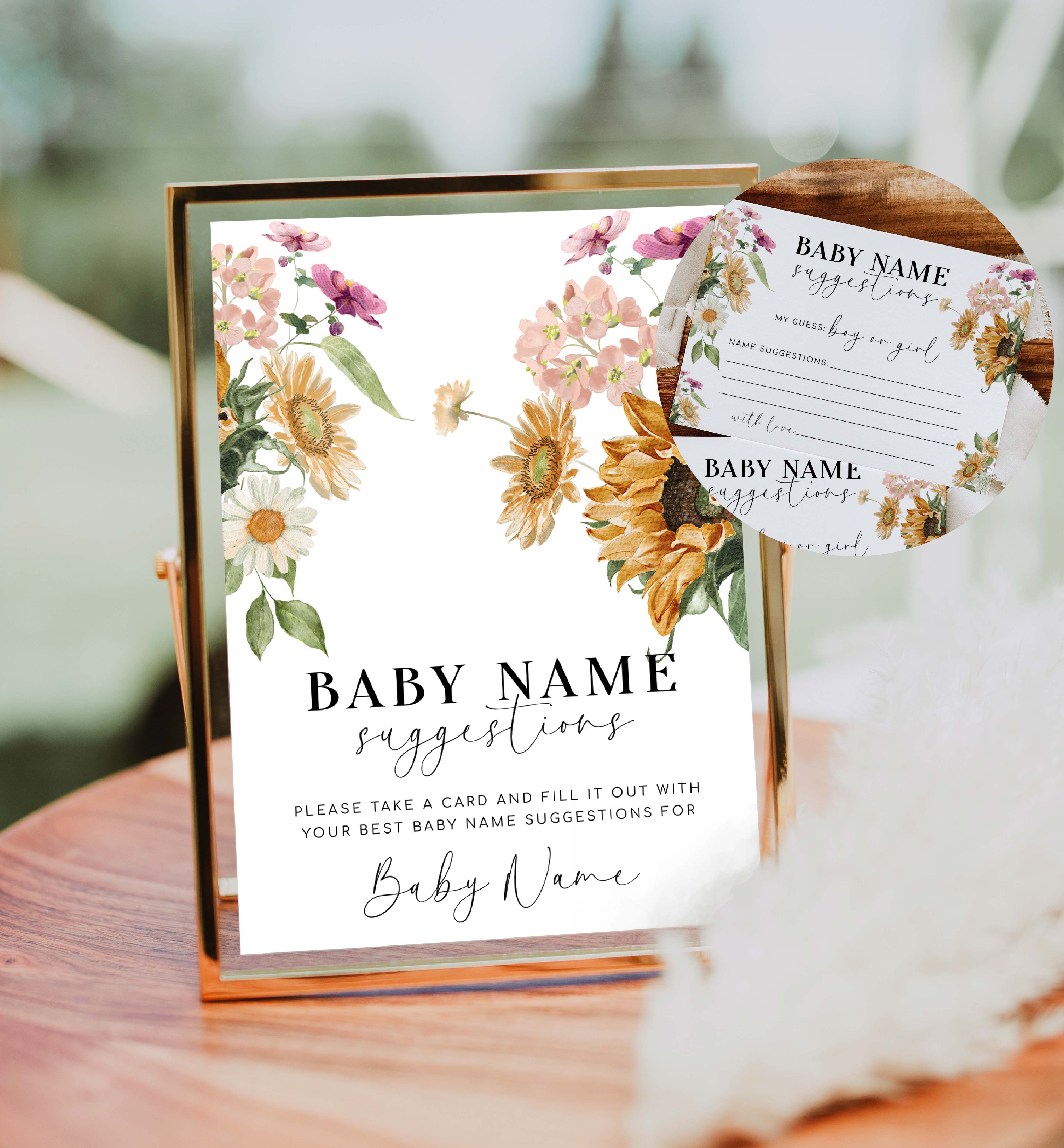 MEW-WHT-10-B2885 - MEWS FLORAL - WHITE - BABY NAME SUGGESTIONS GAME SIGN AND CARD design preview
