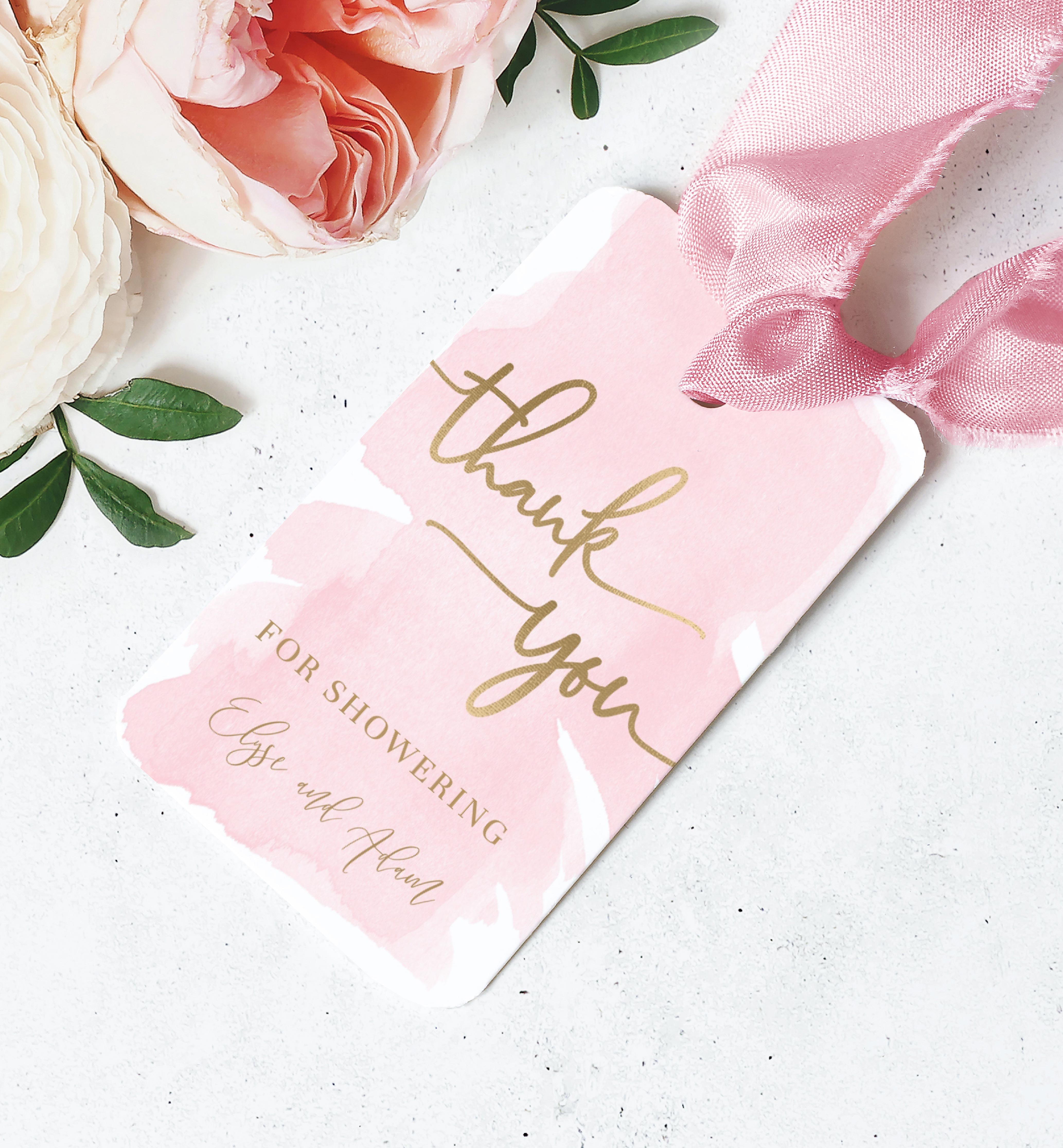 WAT-PNK-6-B329 - WATERCOLOUR PINK - GOLD FOIL - THANK YOU FAVOUR TAGS design preview