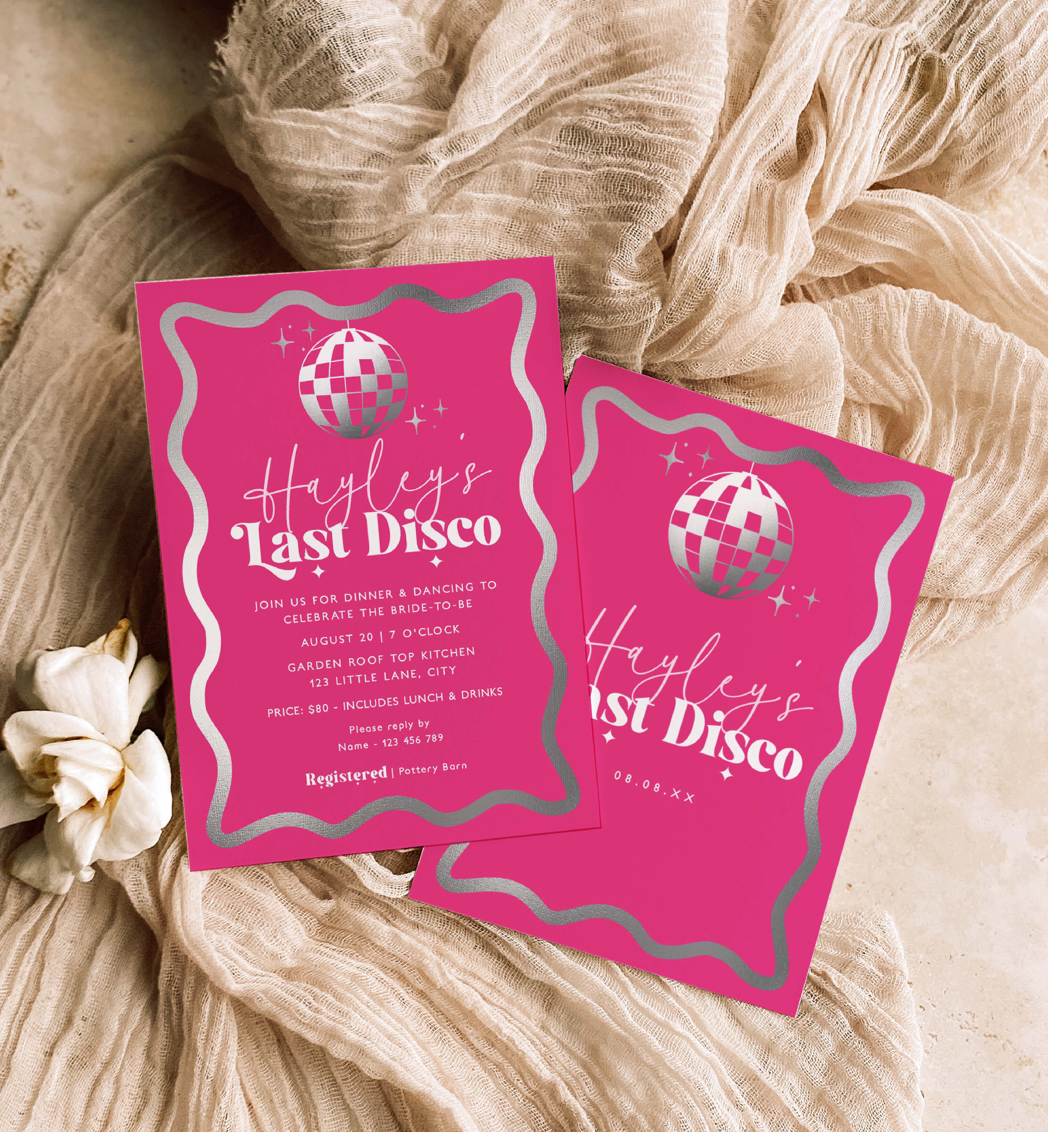 WAV-HPS-1-B2906 - WAVE - HOT PINK SILVER - LAST DISCO BRIDAL SHOWER INVITATION design preview