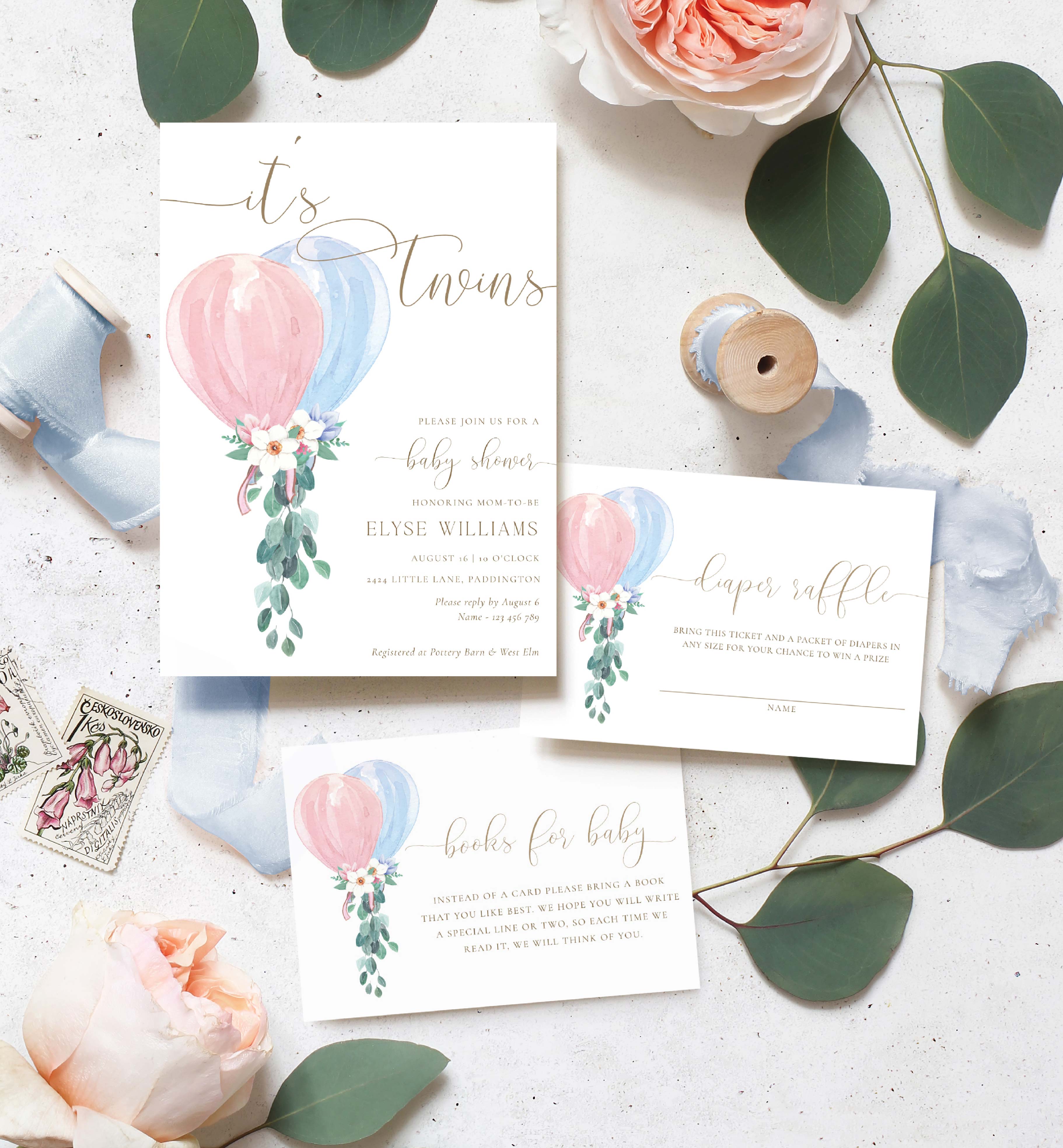 DAF-PNB-1-B3139 - DARLINGTON FLORAL - PINK BLUE - TWINS BABY SHOWER INVITATION SUITE design preview