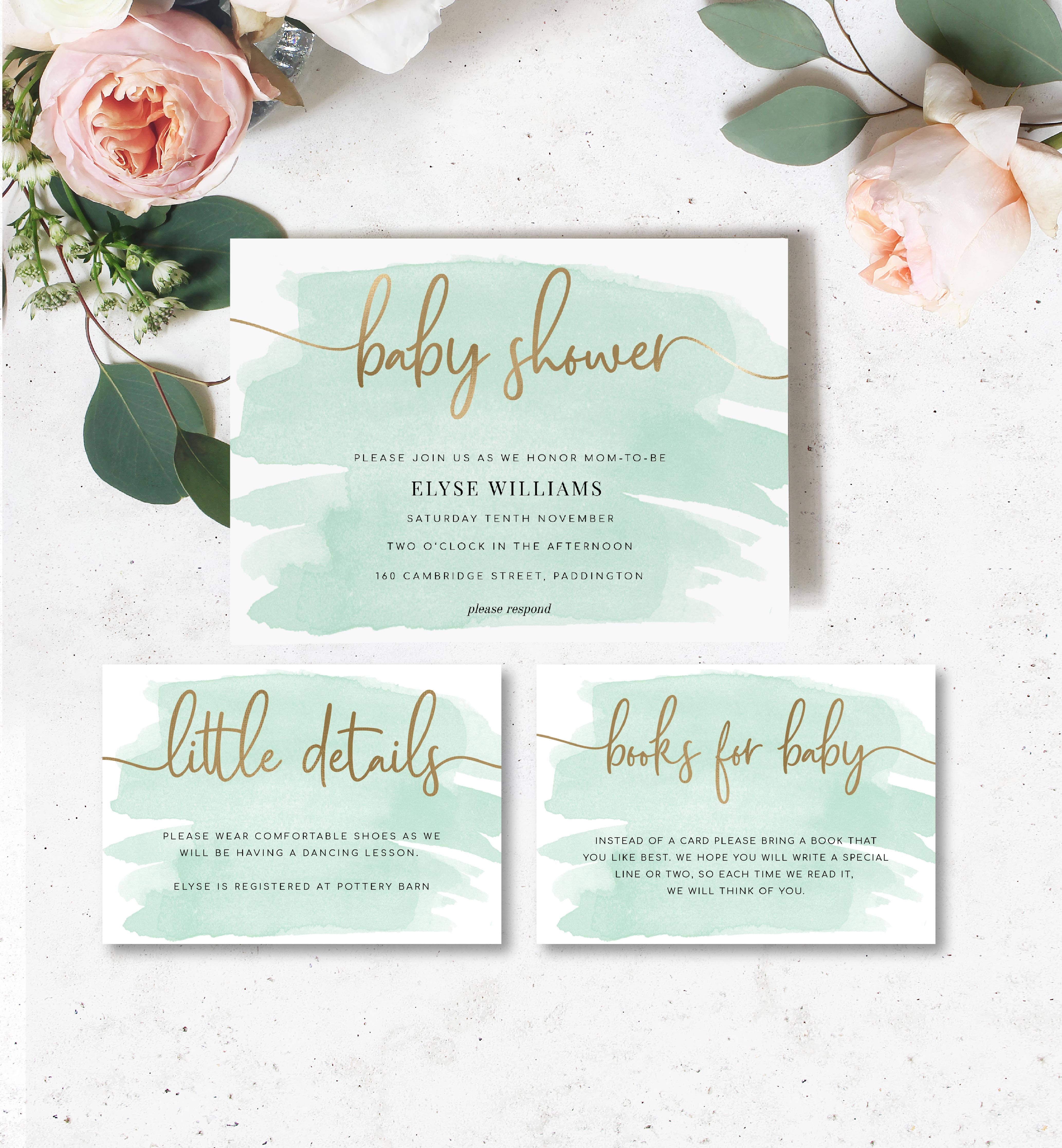 WAT-GRE-1-B341 - WATERCOLOUR GREEN - GOLD FOIL - BABY SHOWER INVITATION SUITE design preview