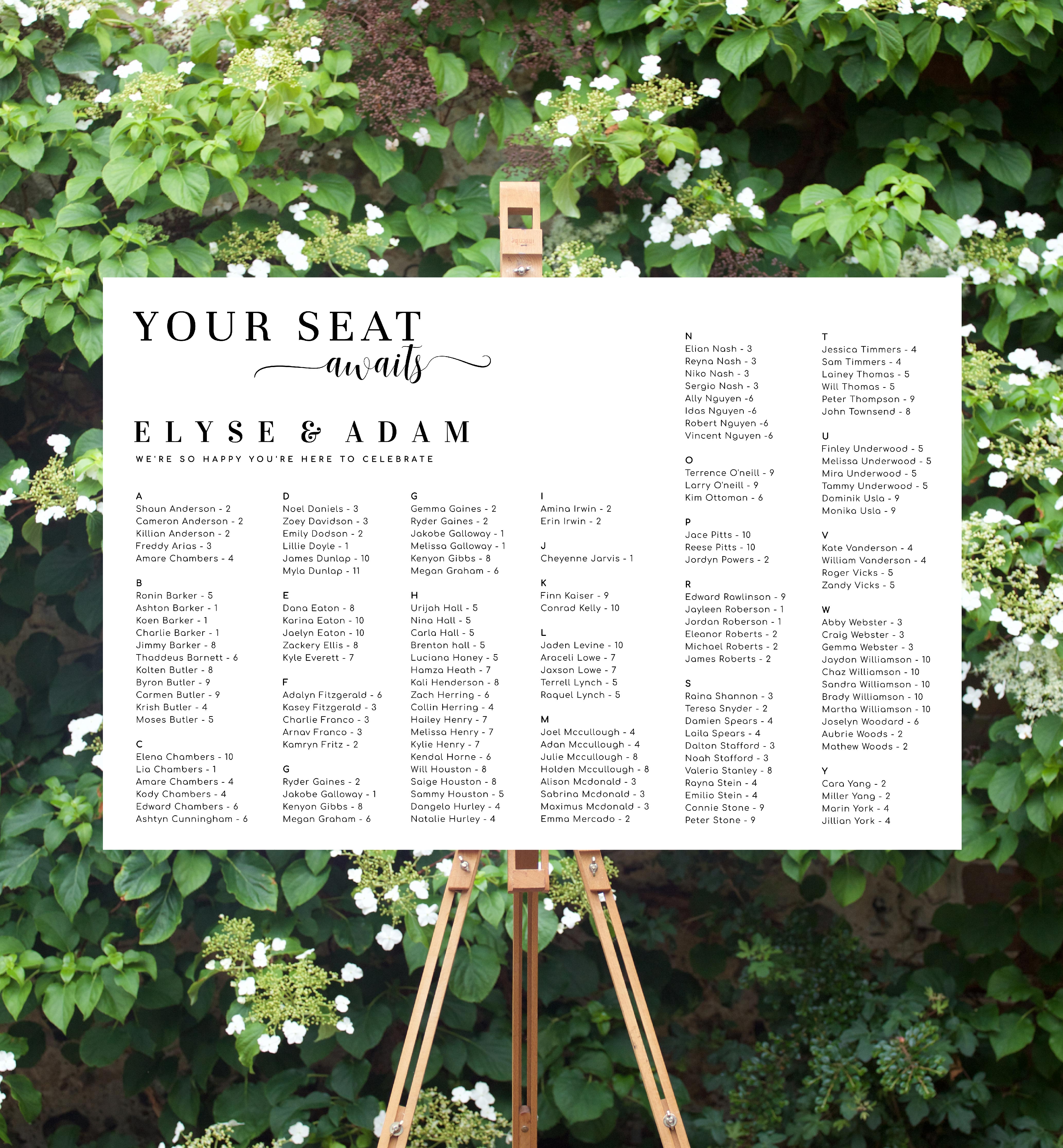 LEY-WHT-4-B2074 - LEYTON SCRIPT - WHITE - SEATING CHART - ALPHABETICAL design preview