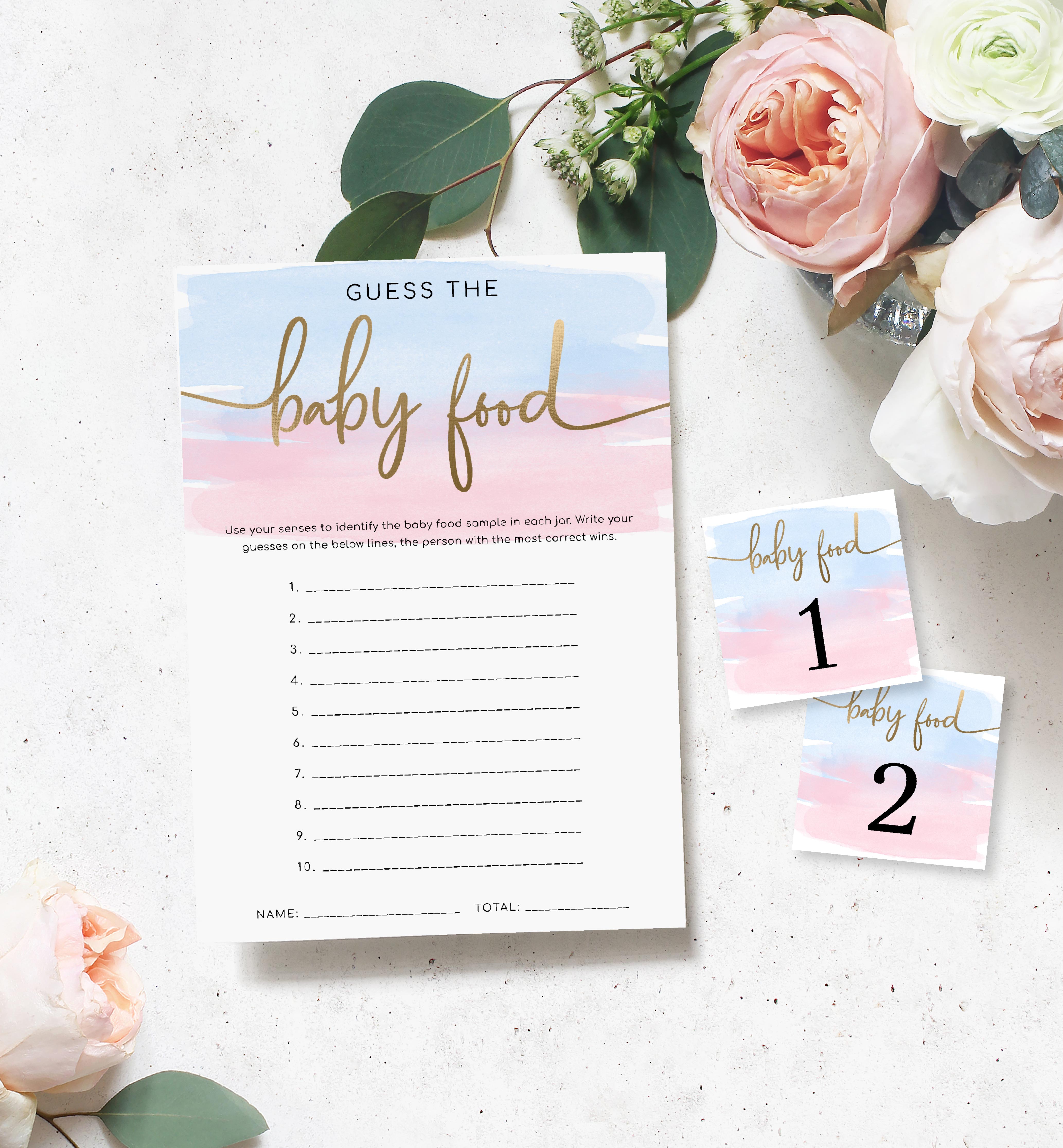 WAT-PNB-10-B911 - WATERCOLOUR PINK BLUE - GOLD - GUESS THE BABY FOOD GAME design preview