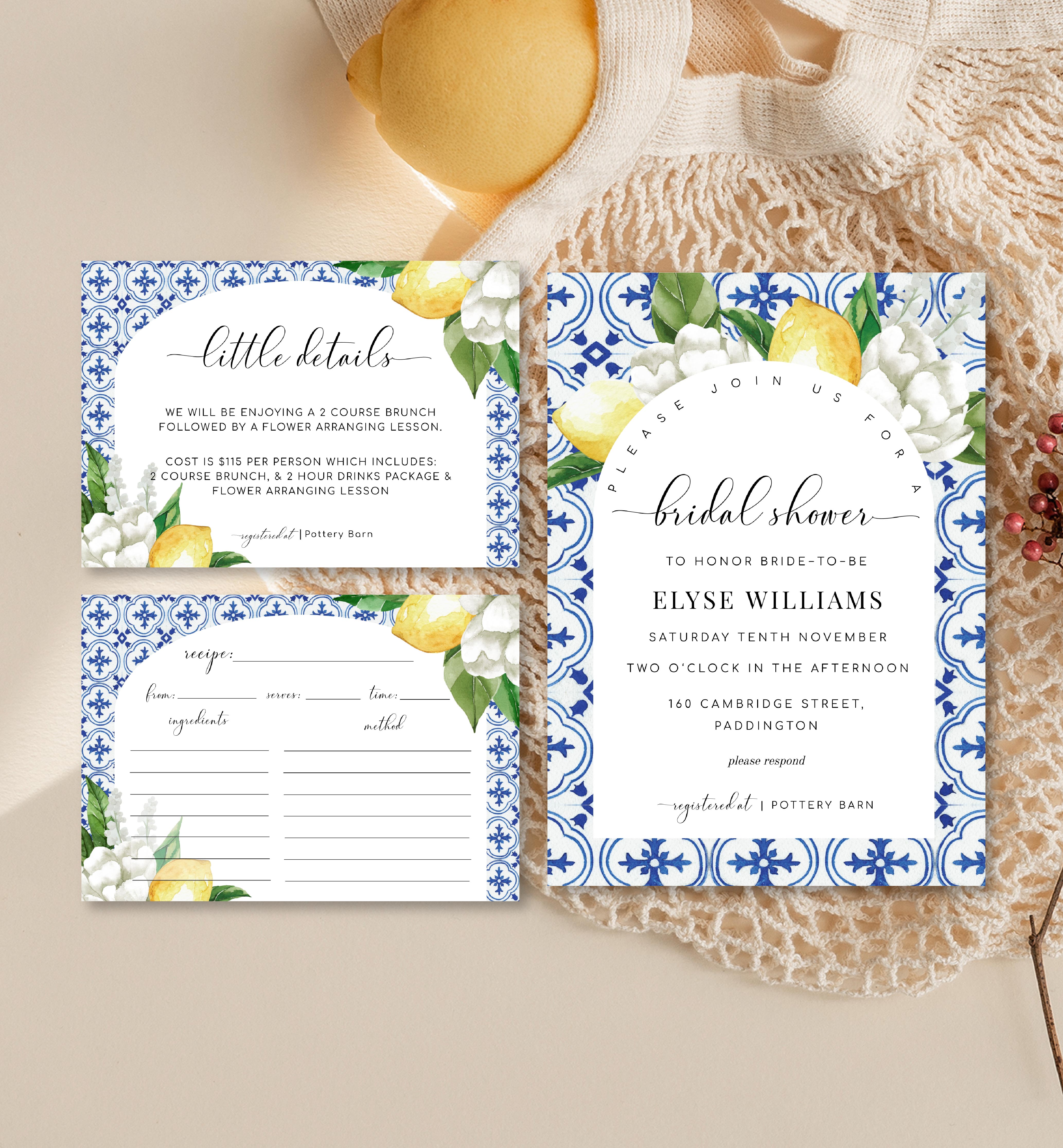 MED-BLU-1-B1968 - THE MED - LEMONS - BRIDAL SHOWER INVITATION SUITE - ARCH design preview