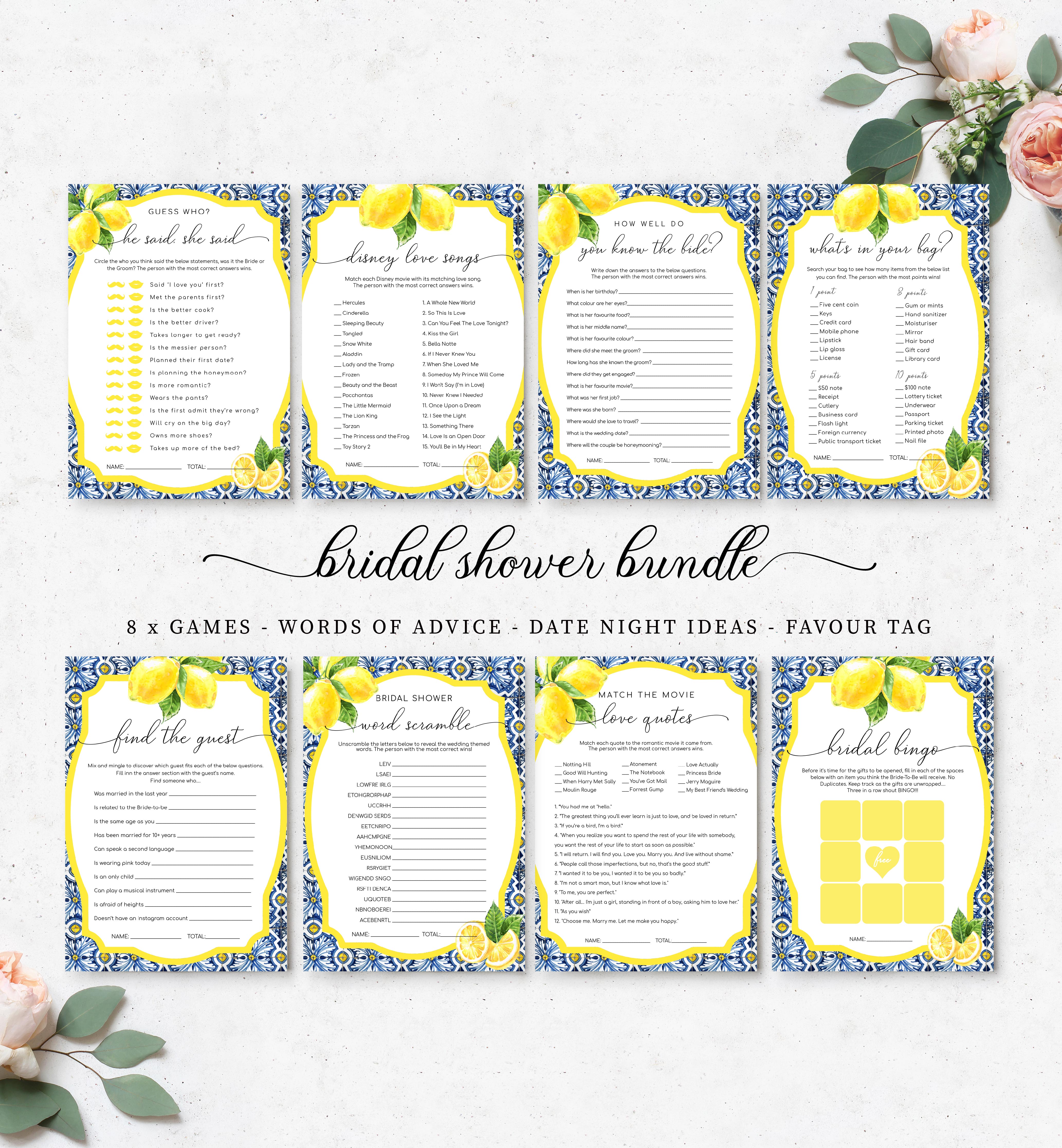POS-BLY-10-B542B - POSITANO BLUE TILE - LEMONS - BRIDAL SHOWER GAMES BUNDLE design preview