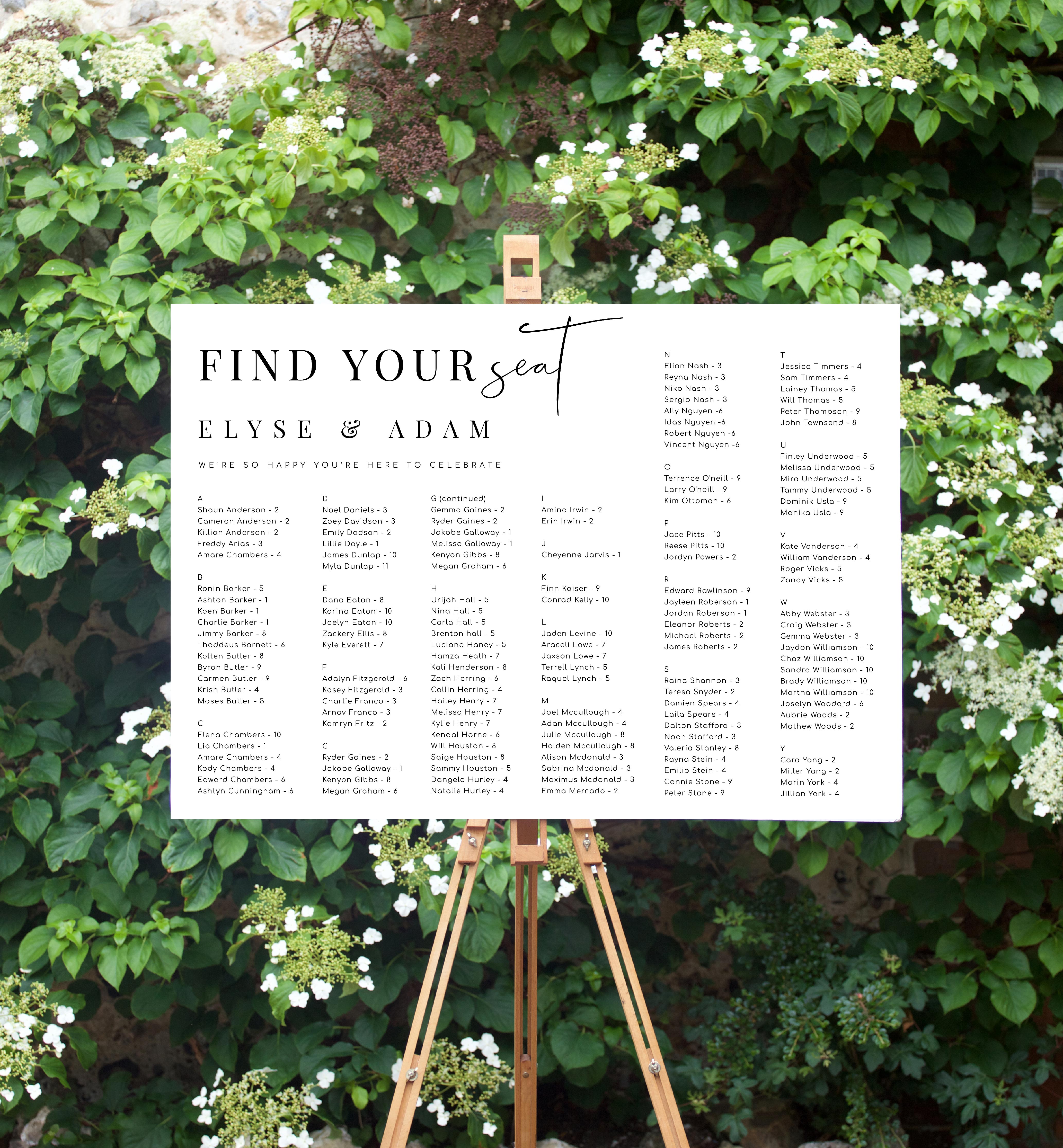 EST-WHT-4-B2186 - ESTELLE - WHITE - ALPHABETICAL FIND YOUR SEAT SEATING CHART design preview