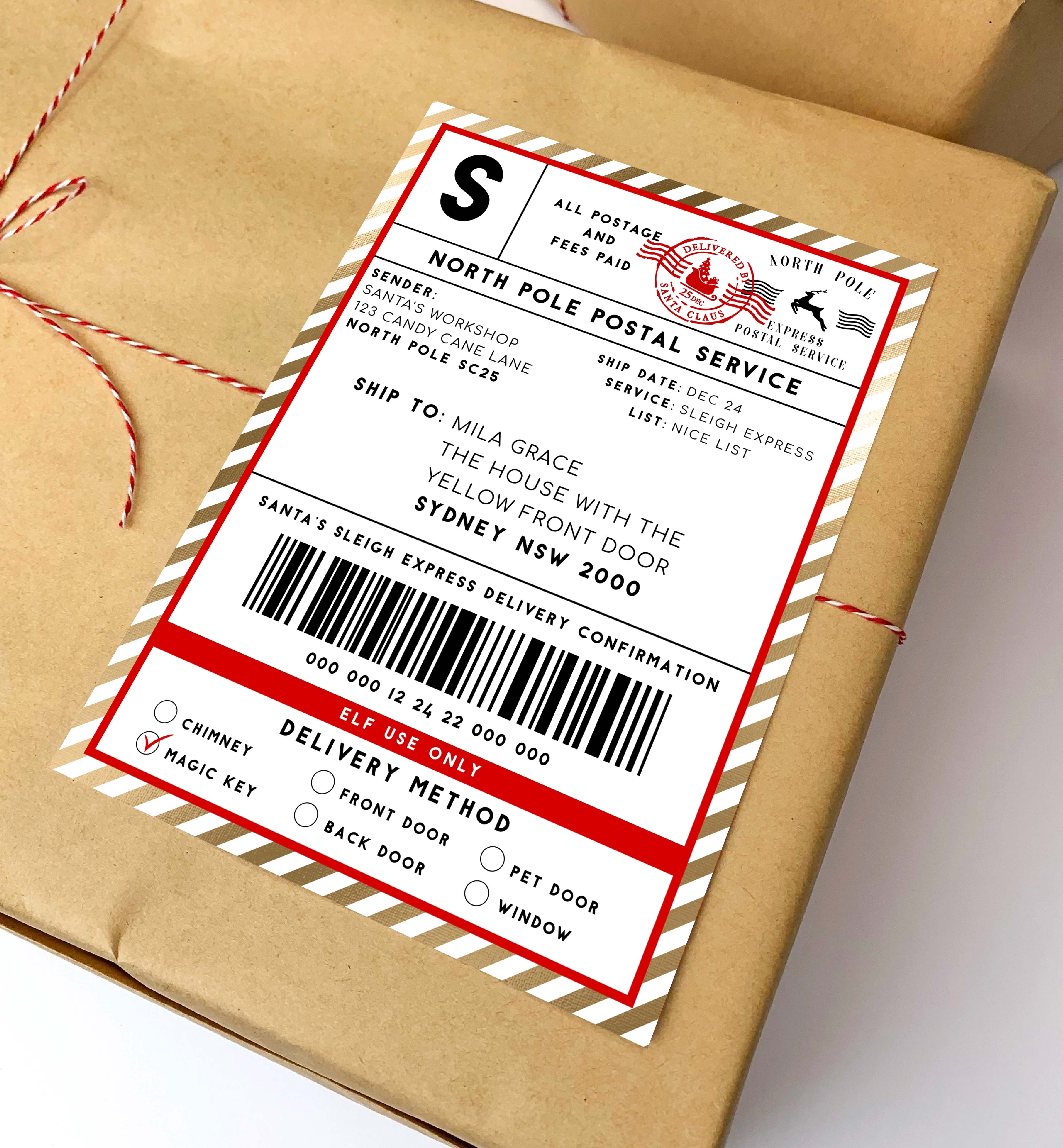SAW-RGD-6-B2329 - SANTAS WORKSHOP - RED GOLD - SHIPPING LABEL design preview