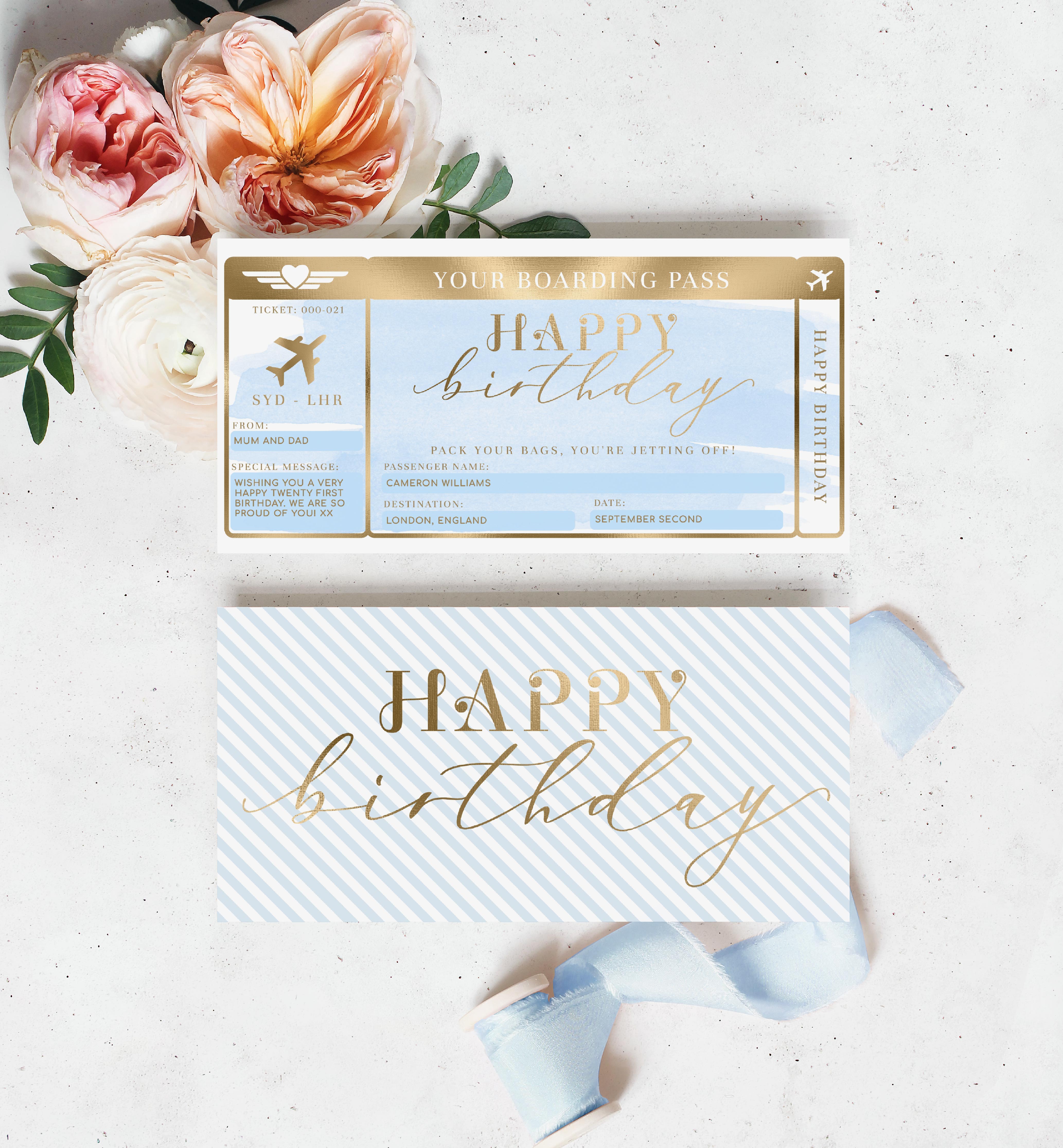 WAT-BLU-14-B1488 - WATERCOLOUR BLUE - GOLD - HAPPY BIRTHDAY BOARDING PASS design preview