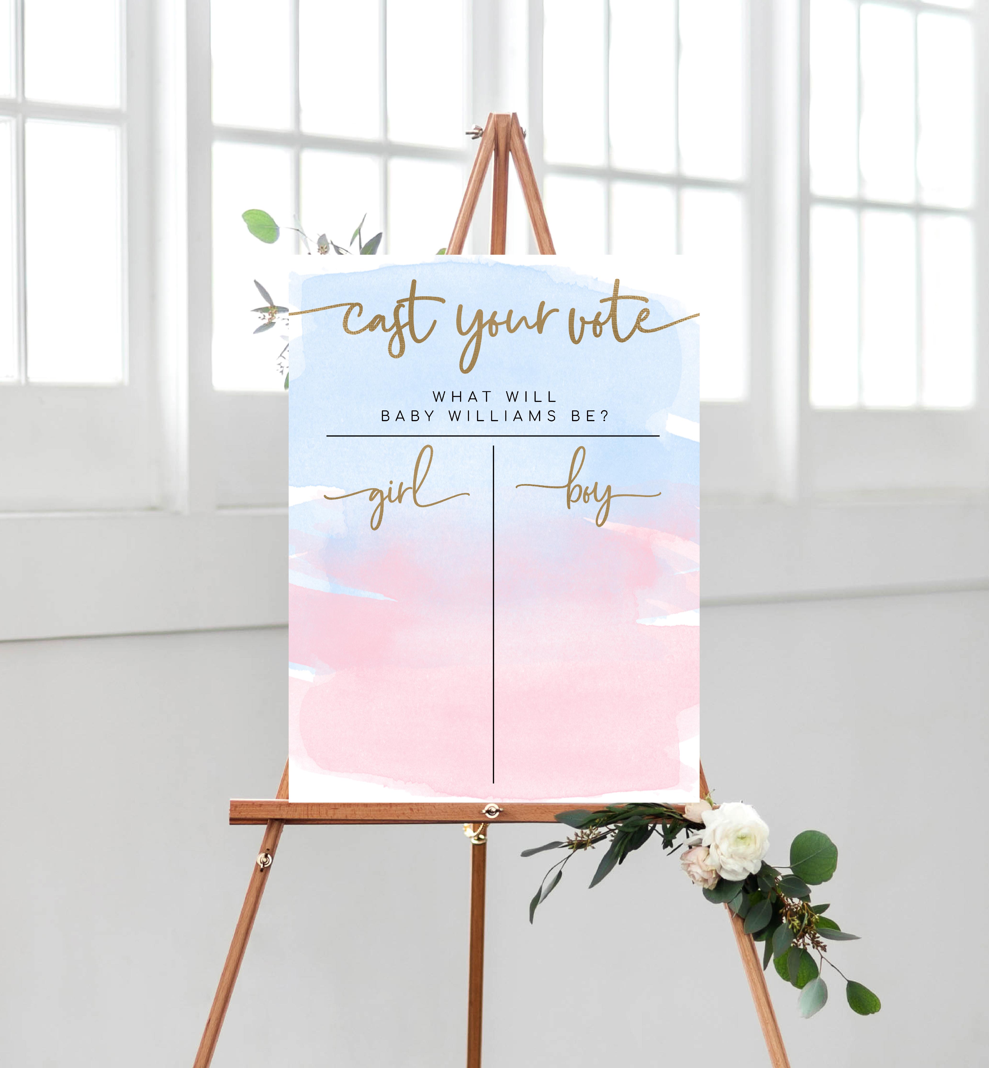 WAT-PNB-7-B1940 - WATERCOLOUR PINK BLUE - GOLD - GENDER REVEAL VOTING BOARD design preview