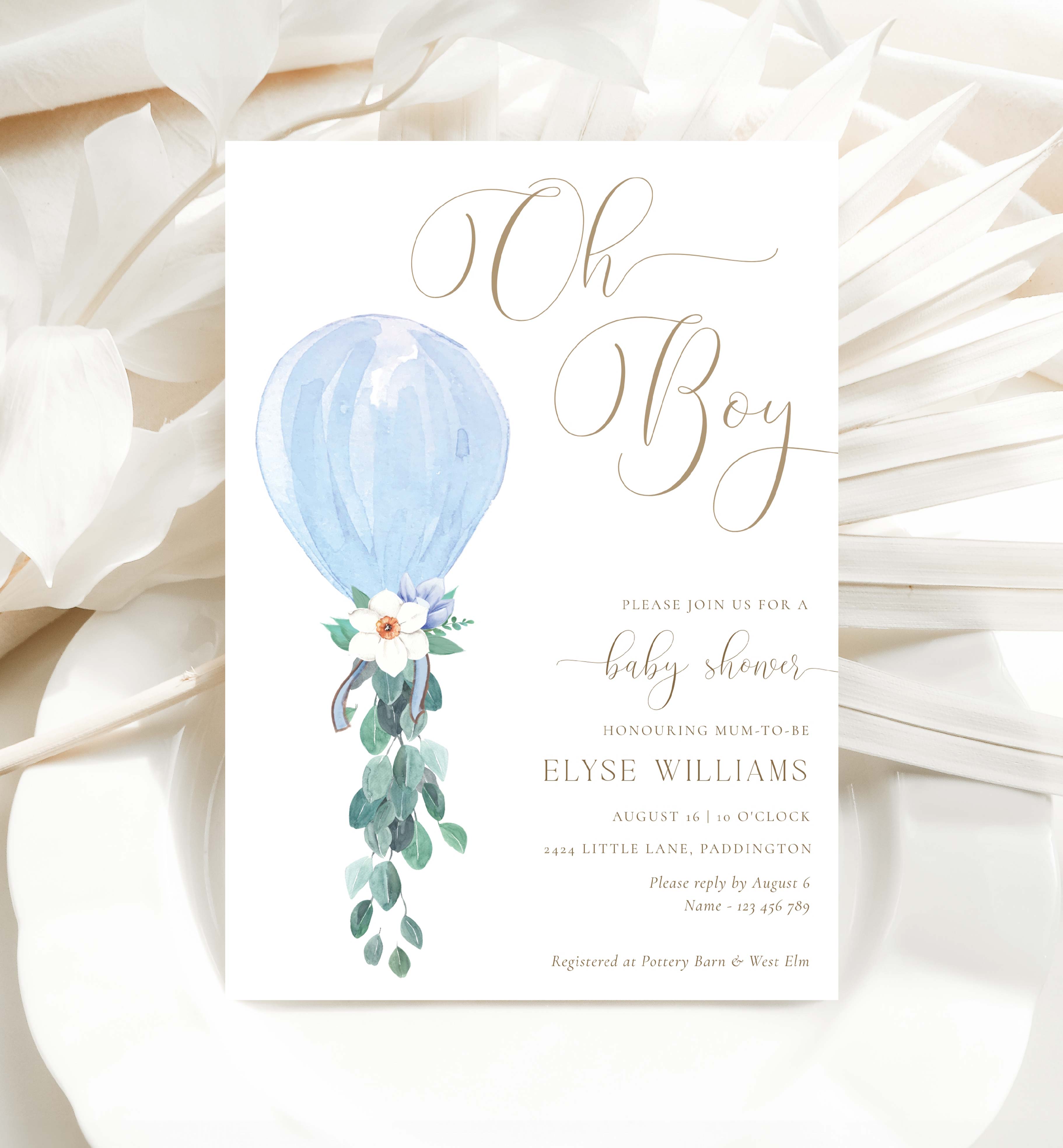 DAF-BLU-1-B3132 - DARLINGTON FLORAL - BLUE - OH BOY BABY SHOWER INVITATION design preview