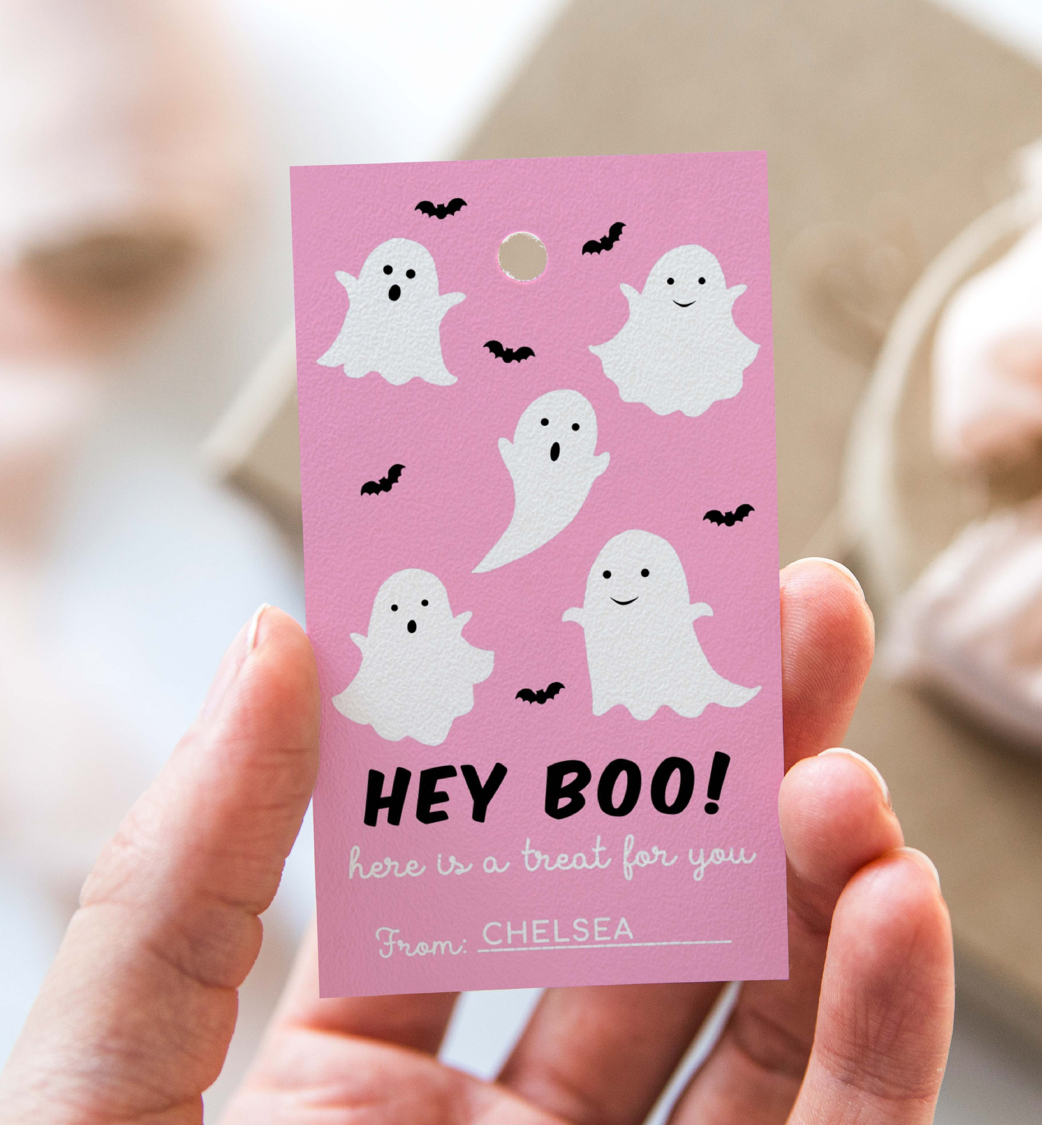 HAL-PNK-6-B1660 - HALLOWEEN FRIENDLY GHOST - PINK - FAVOUR TAG design preview