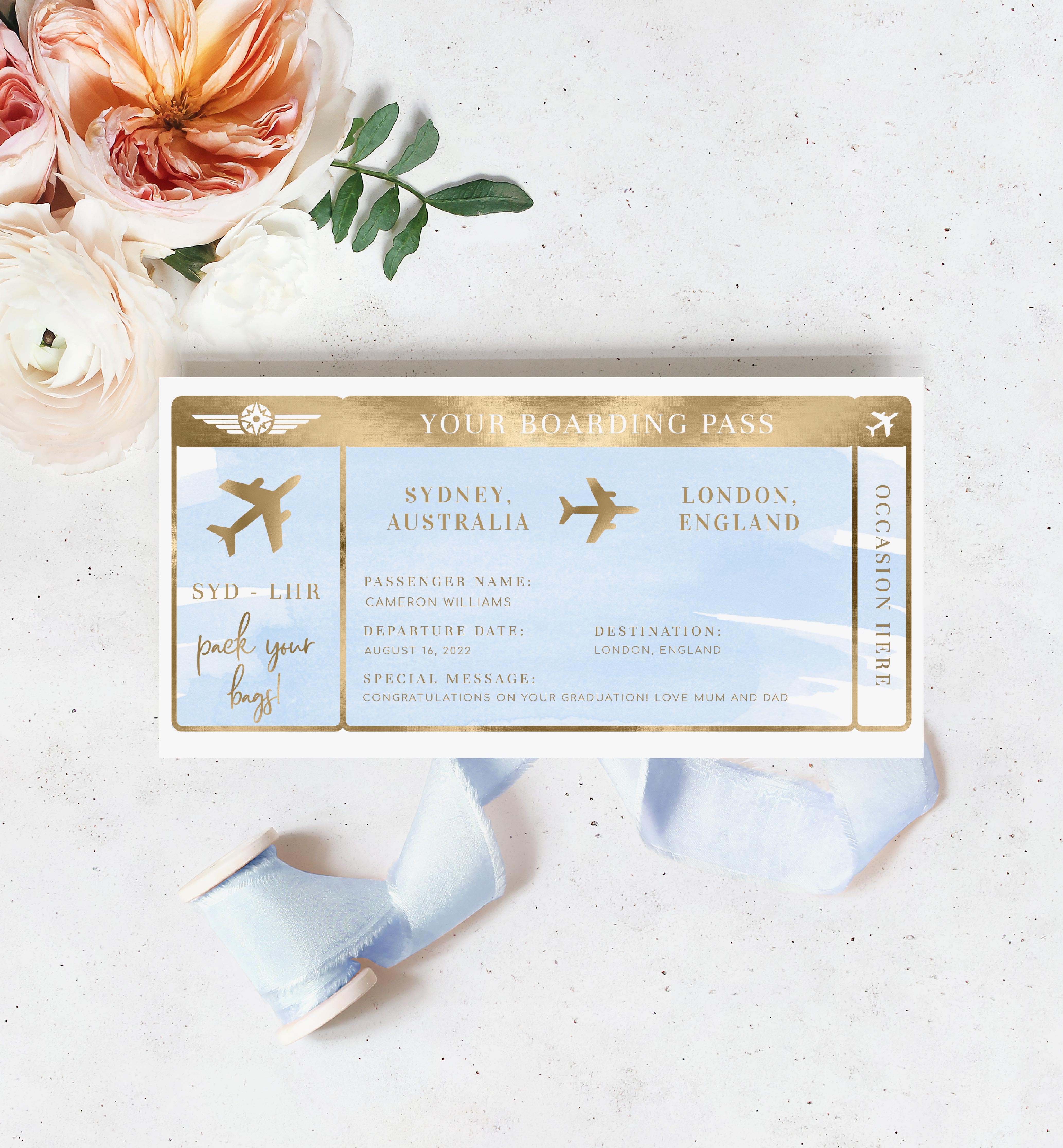 WAT-BLU-1-B1118 - WATERCOLOUR BLUE - GOLD - BOARDING PASS design preview