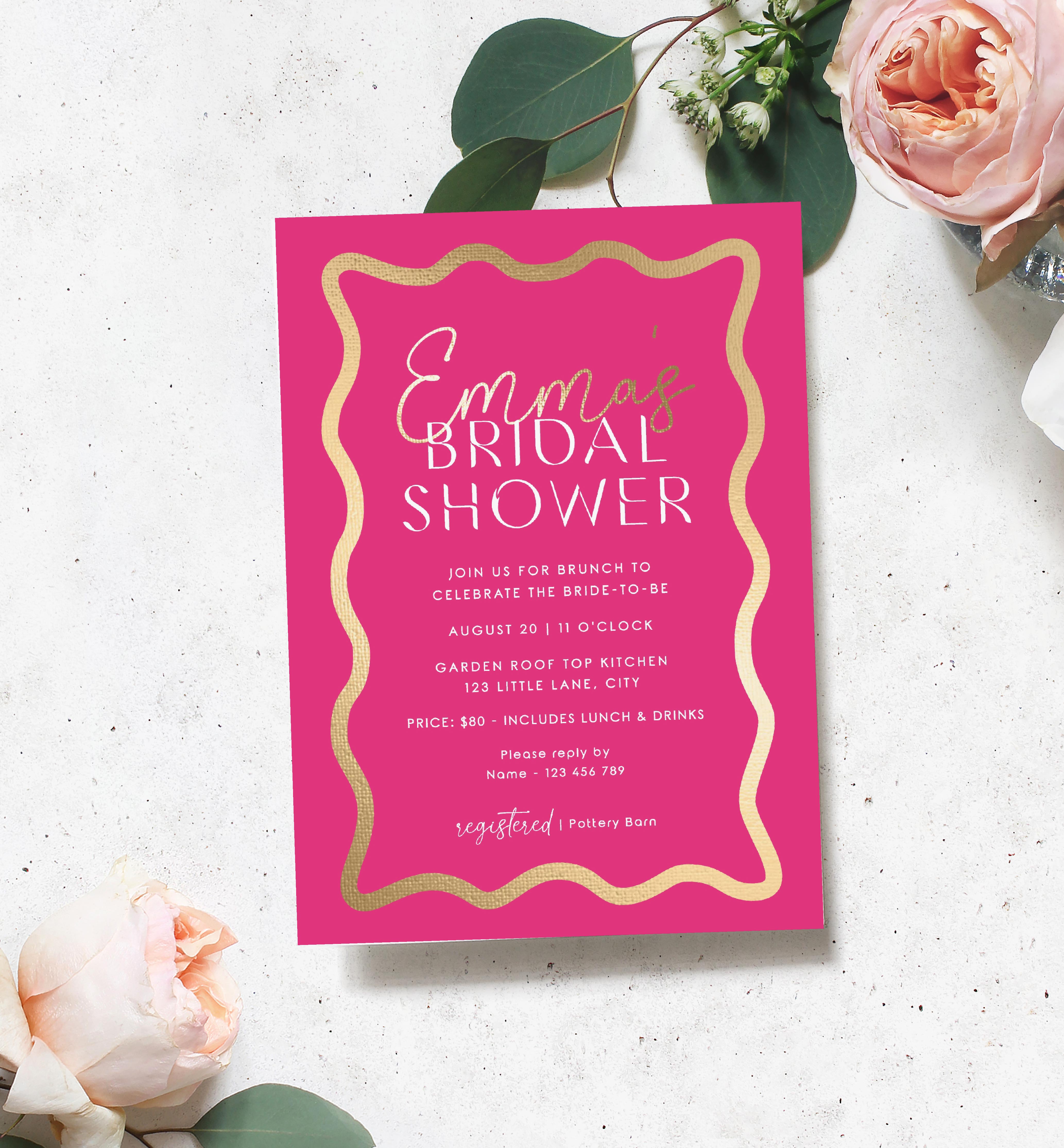 WAV-HPG-1-B2562 - WAVE - HOT PINK GOLD - BRIDAL SHOWER INVITATION design preview
