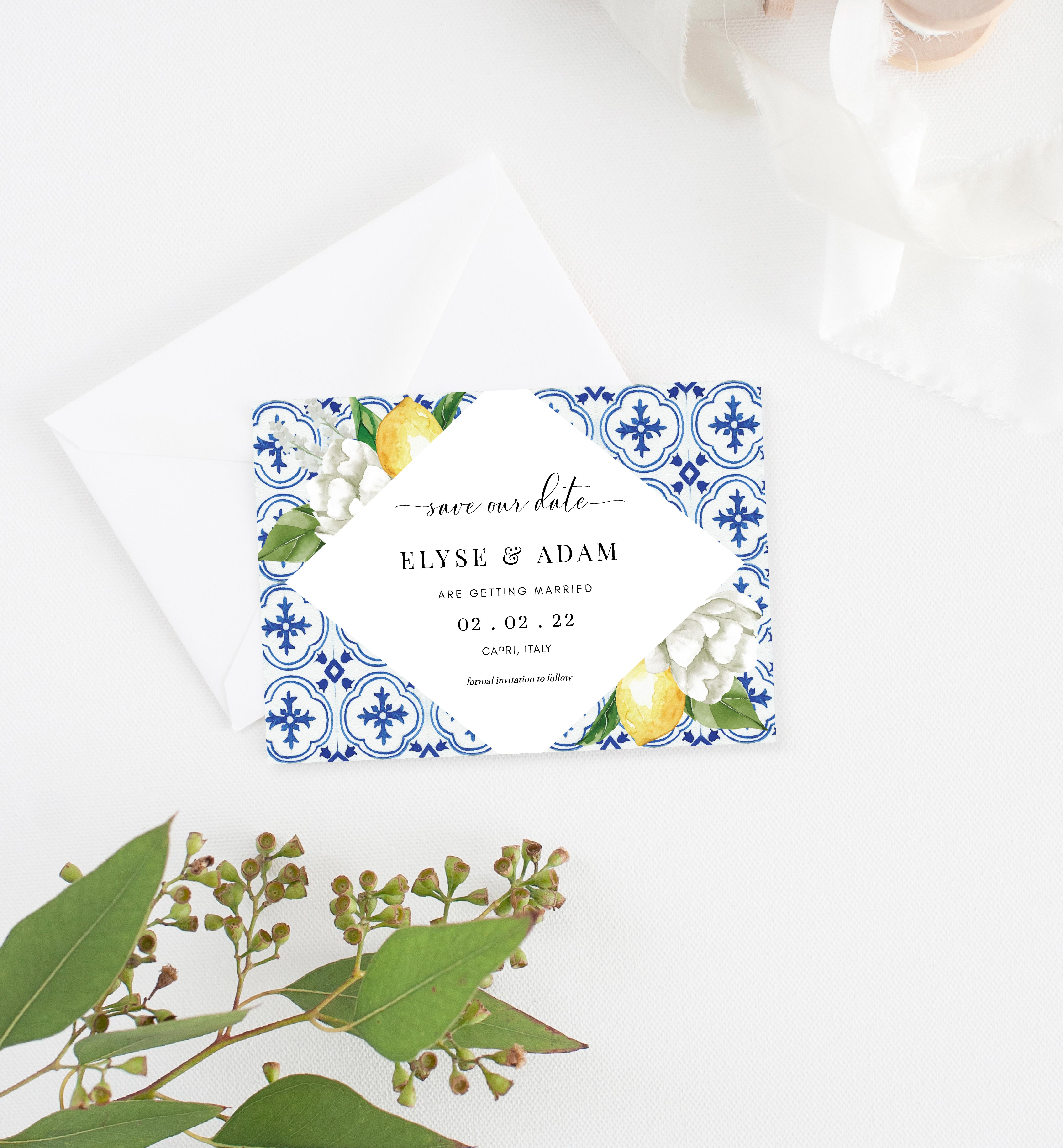 MED-BLU-1-B254 - THE MED - LEMONS - SAVE THE DATE CARD design preview