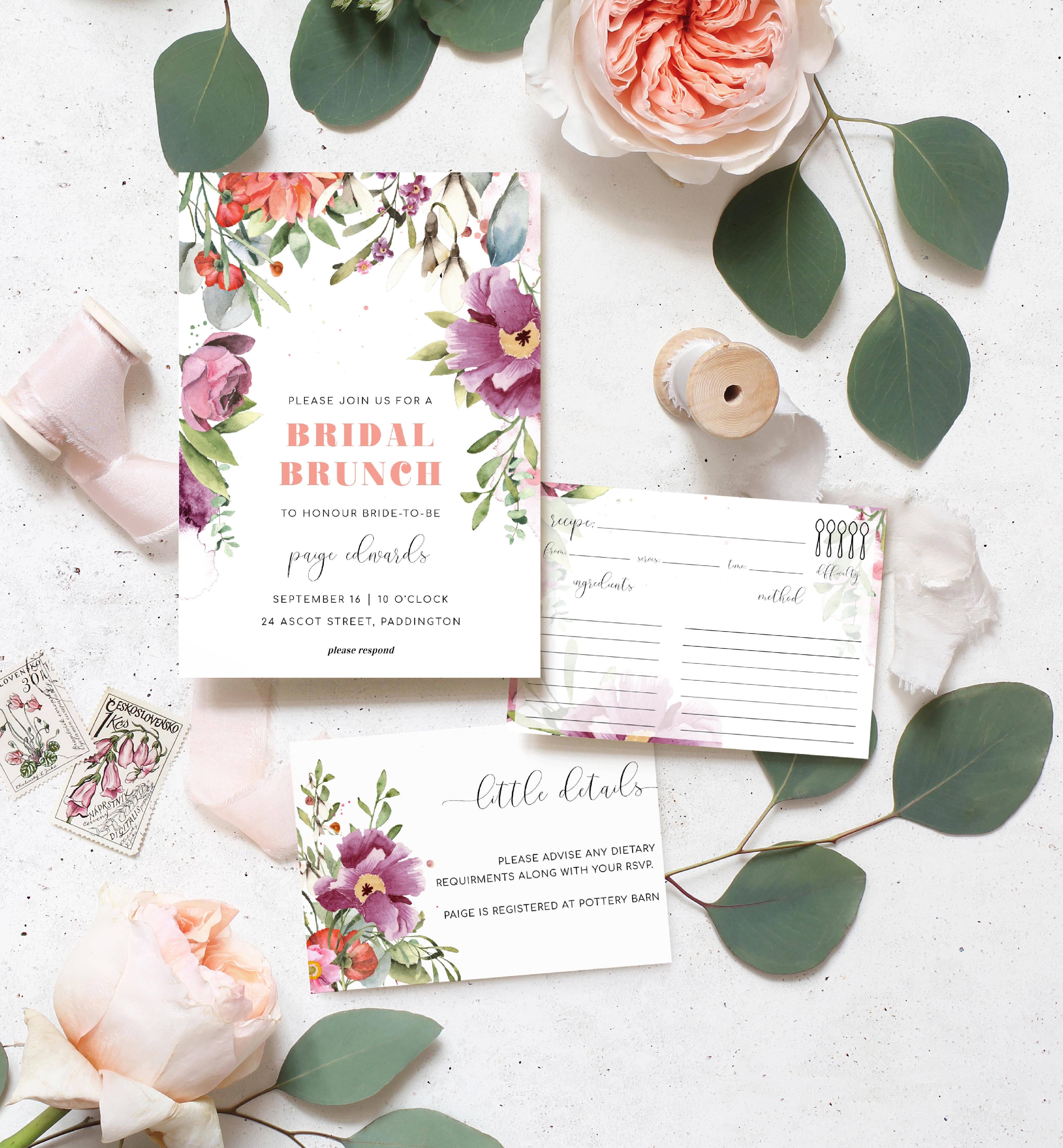 ROS-PNK-1-B632 - ROSINGS FLORAL - PINK - BRIDAL BRUNCH INVITATION SUITE design preview