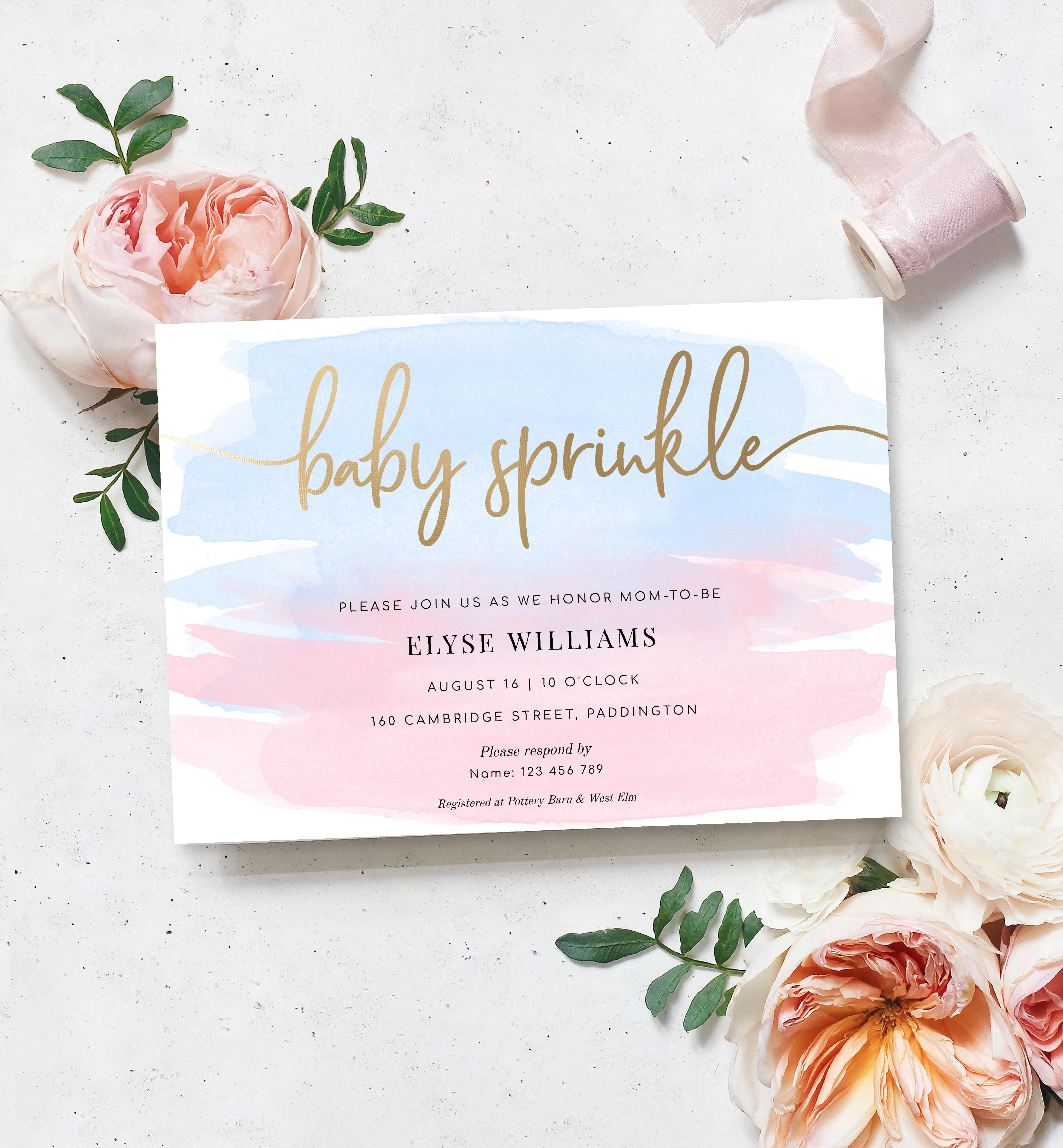WAT-PNB-1-B257 - WATERCOLOUR PINK BLUE - GOLD FOIL - BABY SPRINKLE INVITATION design preview