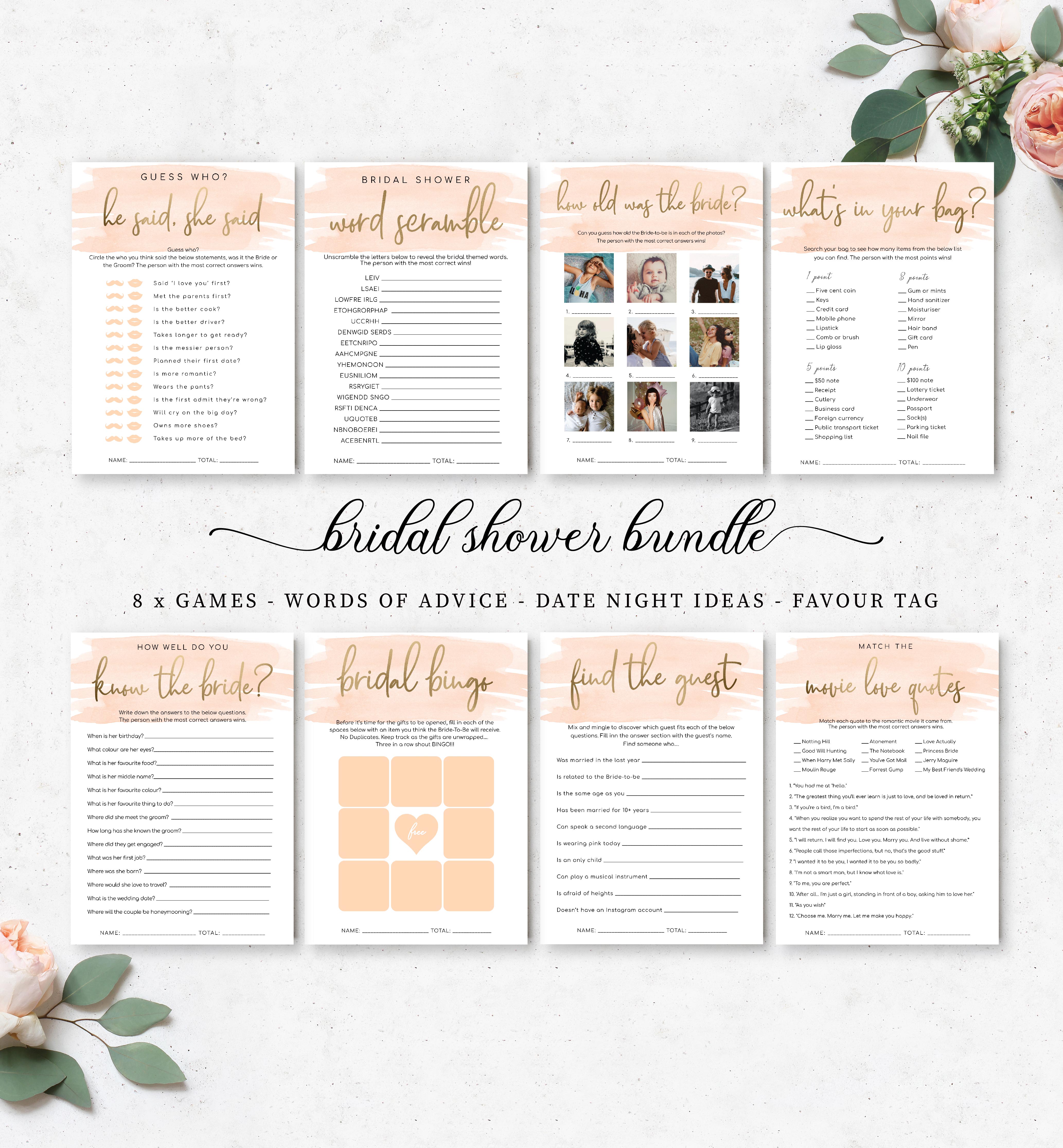 WAT-PEA-10-B593 - WATERCOLOUR PEACH - GOLD FOIL - BRIDAL SHOWER GAMES BUNDLE design preview