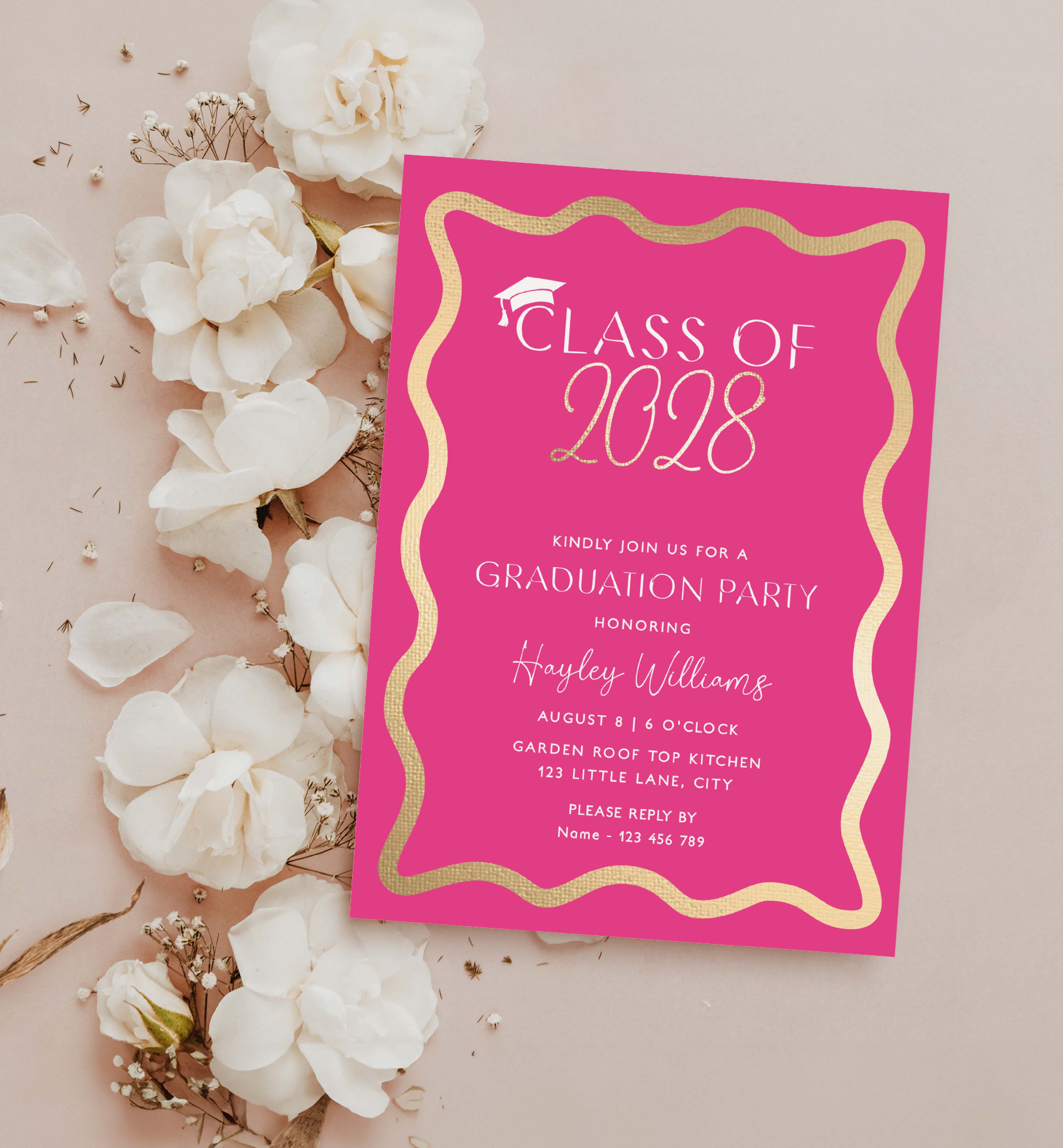 WAV-HPG-1-B3206 - WAVE - HOT PINK GOLD - CLASS OF GRADUATION INVITATION design preview
