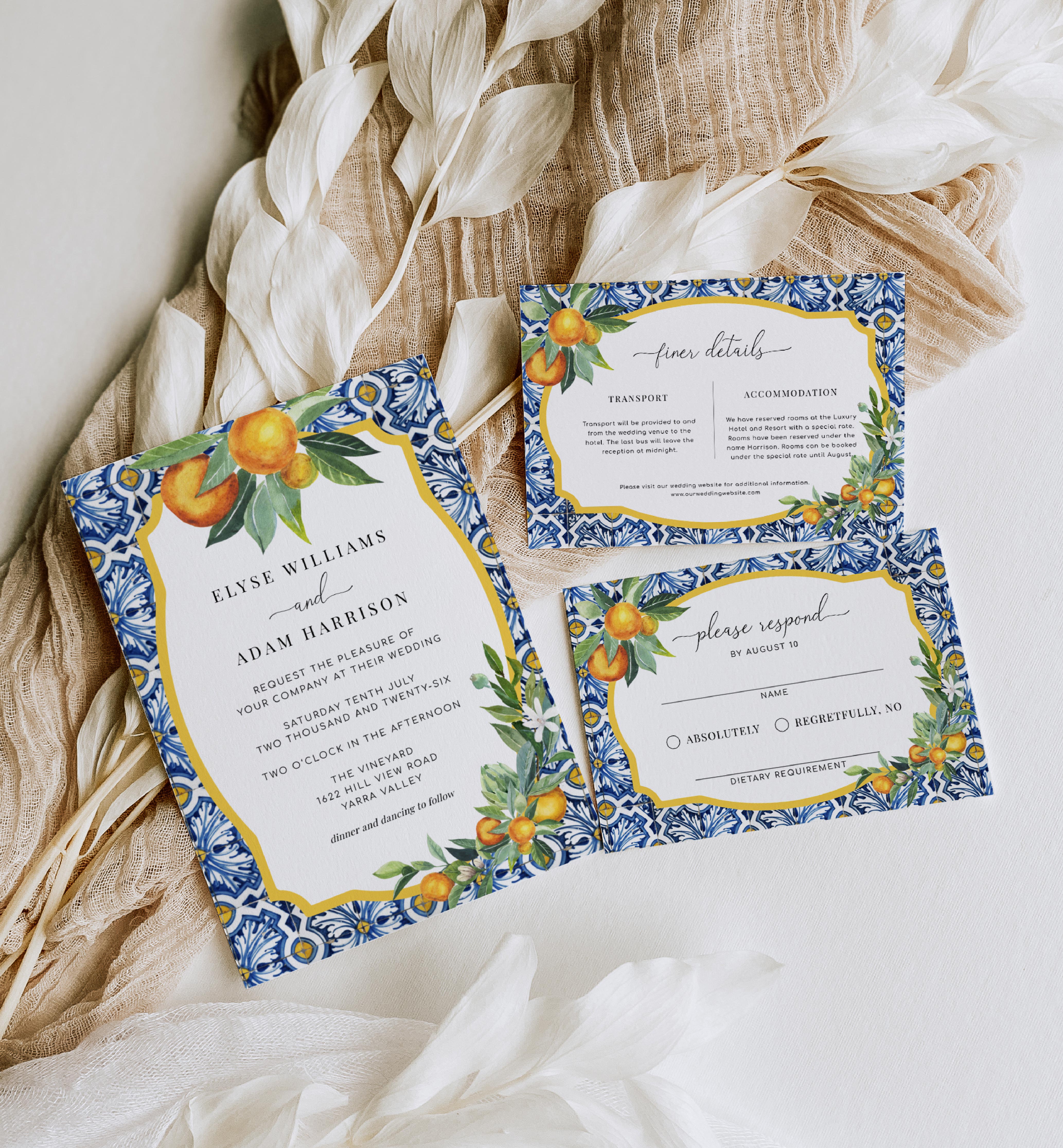 POS-BLO-1-B359 - POSITANO BLUE TILE - ORANGES - WEDDING INVITATION SUITE design preview