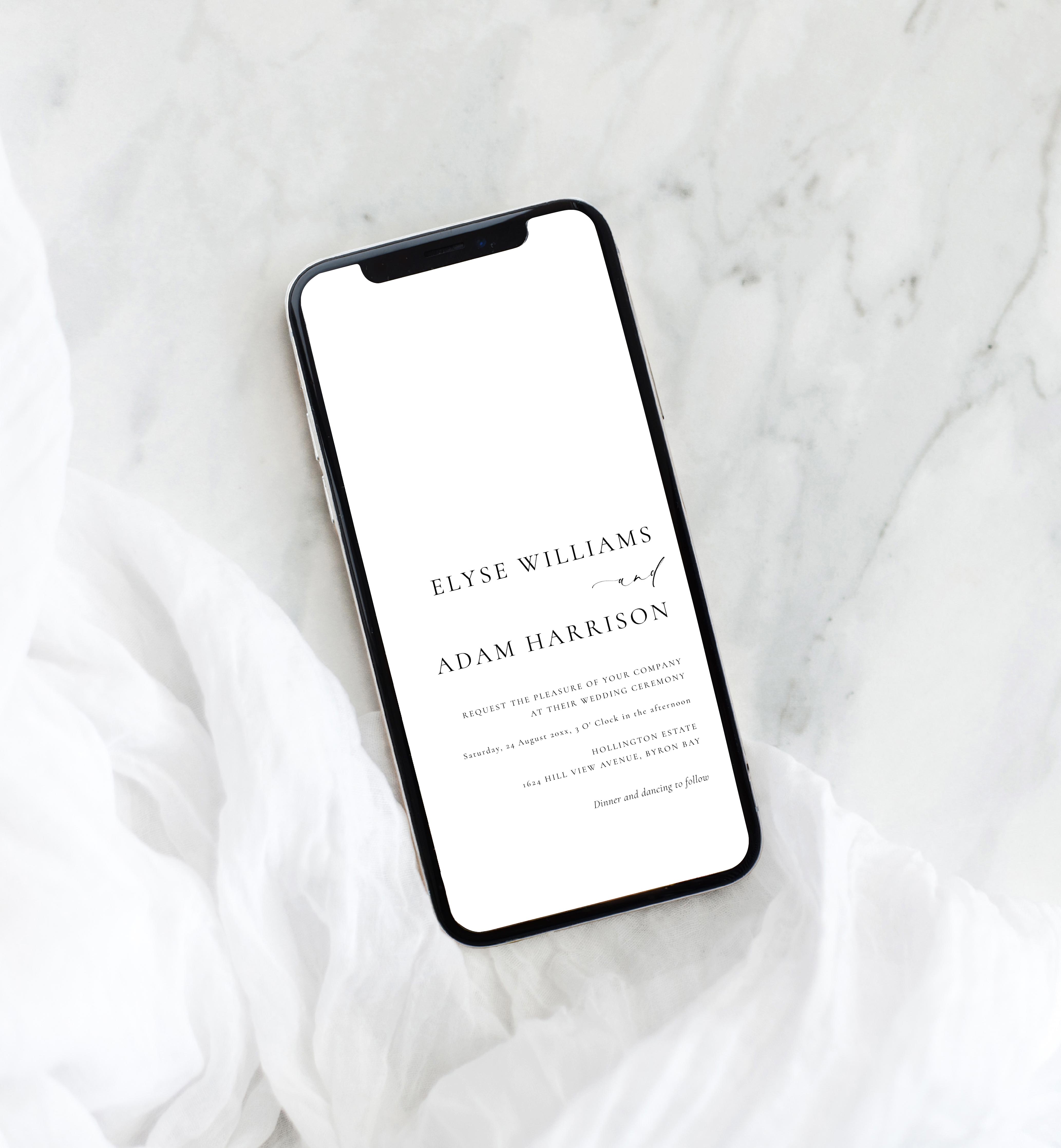 ELE-WHT-16-B2434 - ELLESMERE - WHITE - SMARTPHONE WEDDING INVITATION design preview