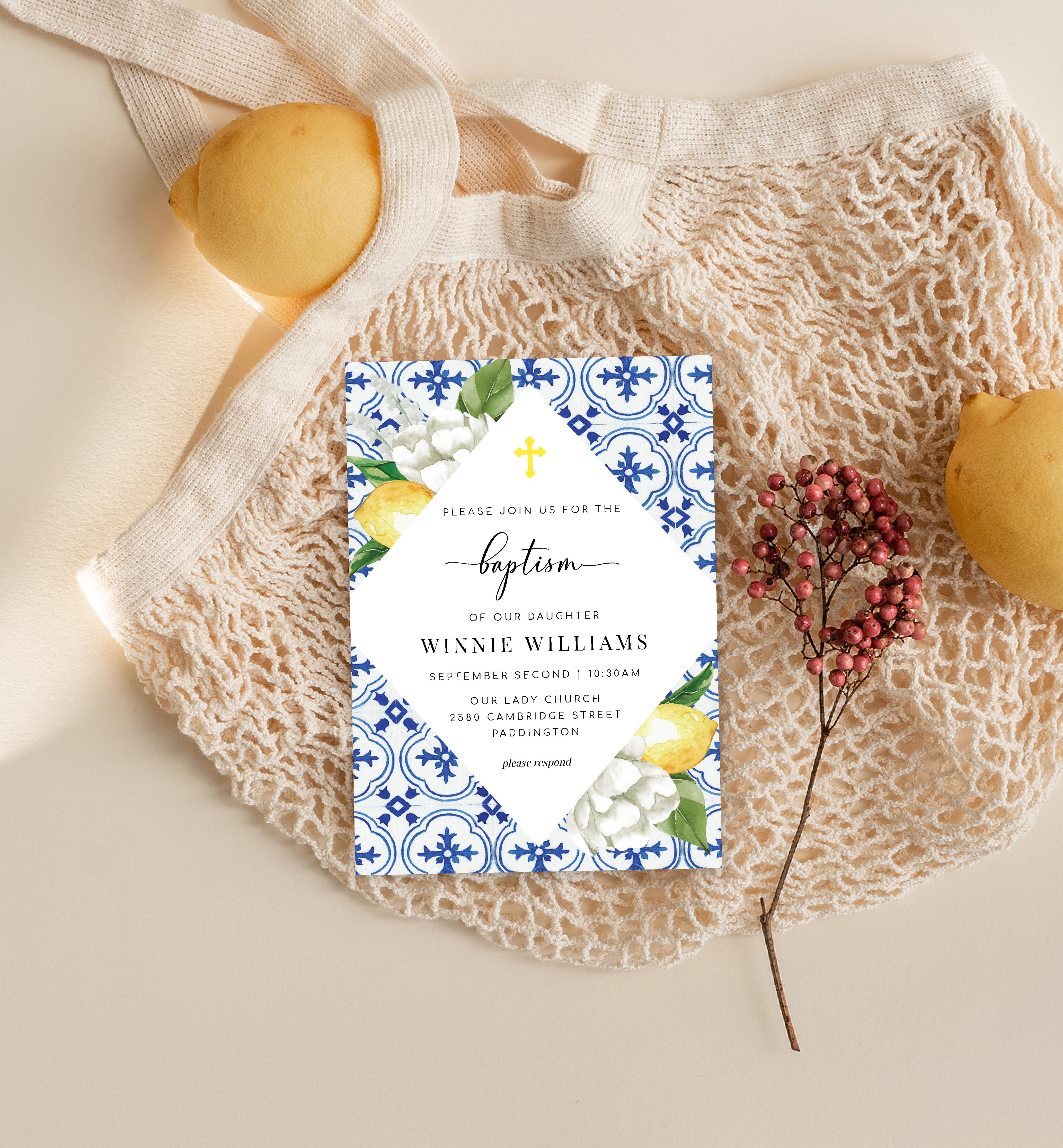 MED-BLU-1-B1299 - THE MED - LEMONS - CHRISTENING BAPTISM INVITATION design preview