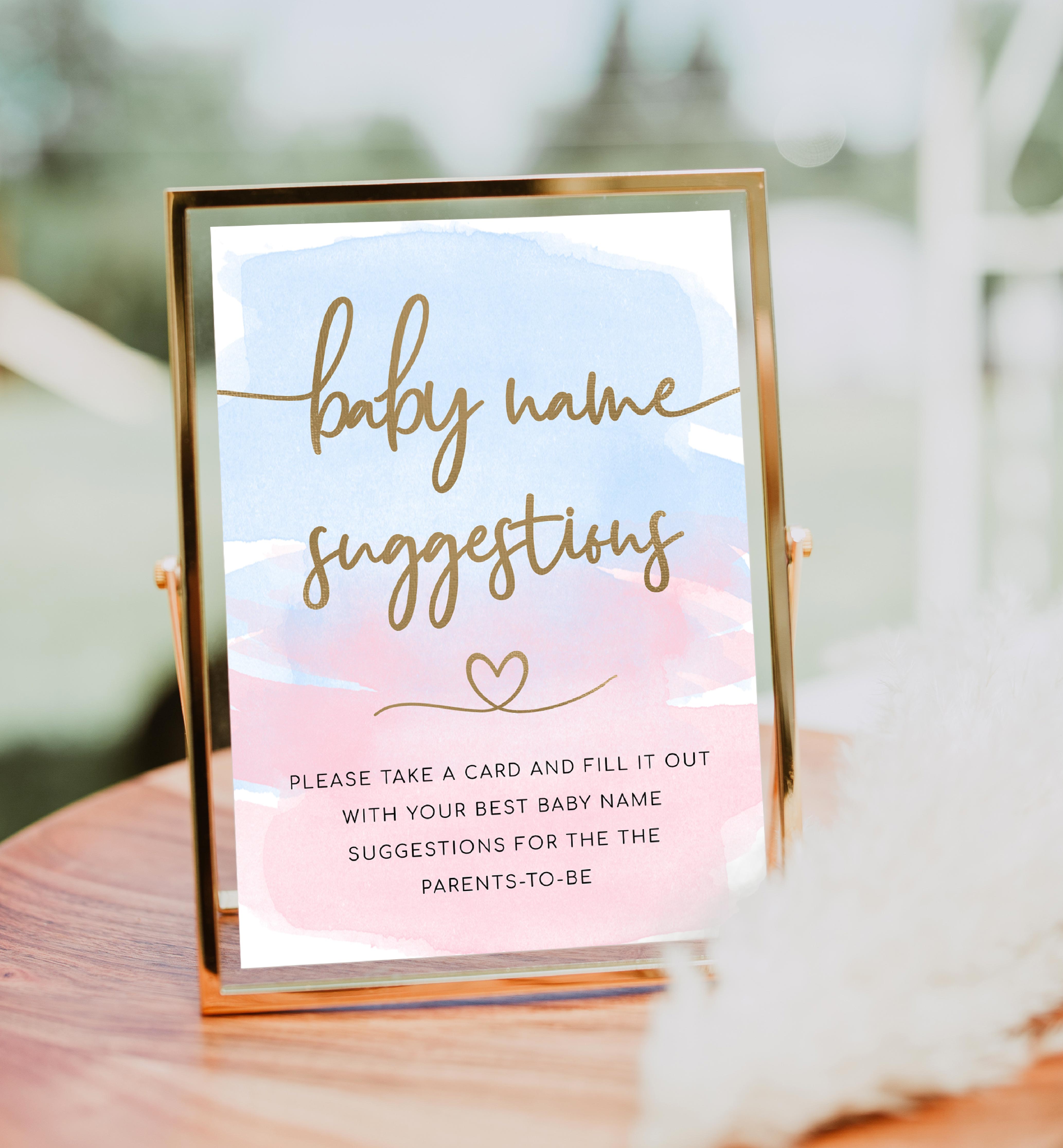 WAT-PNB-7-B1887 - WATERCOLOUR PINK BLUE - GOLD - NAME SUGGESTION SIGN design preview