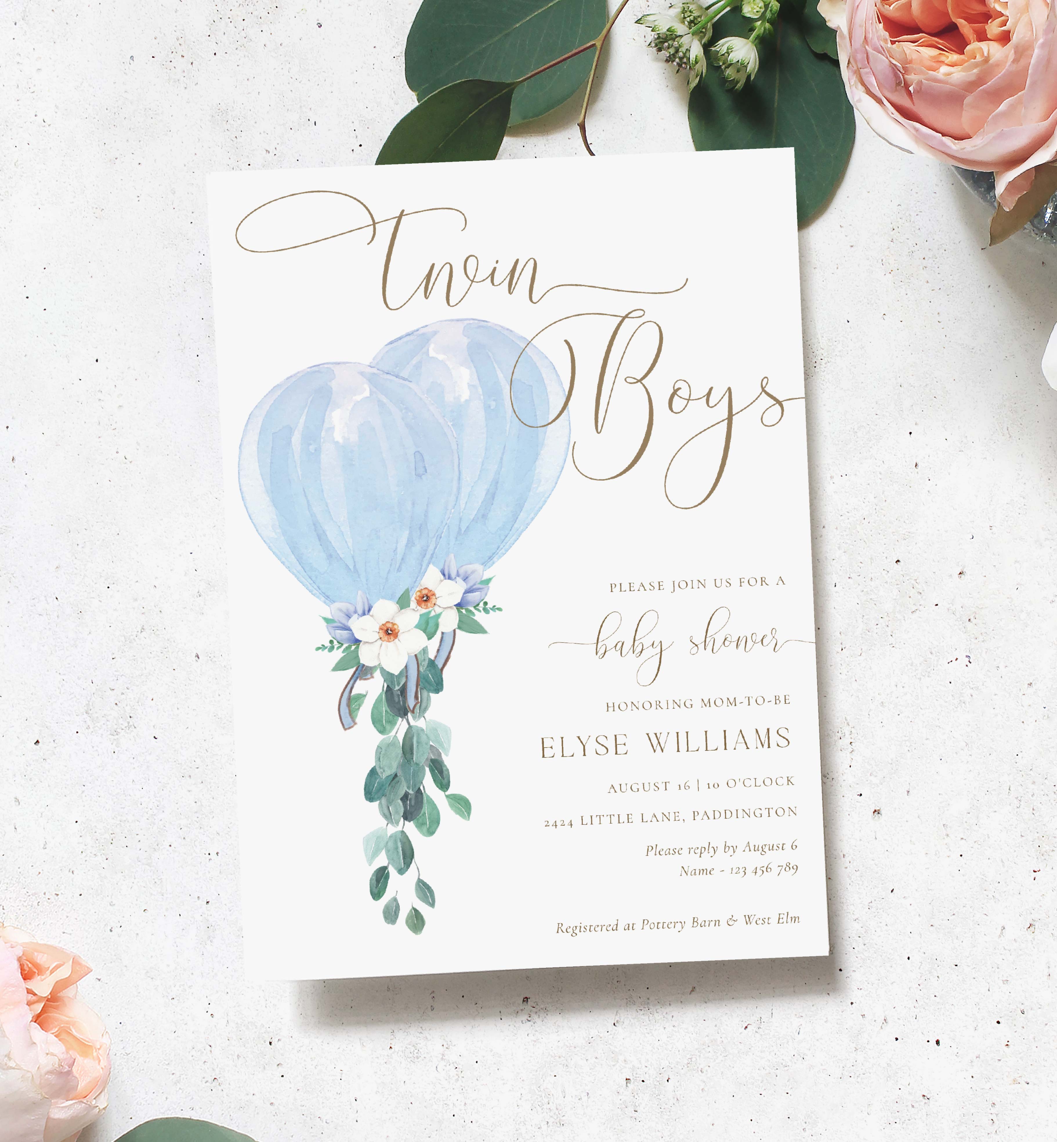 DAF-BLU-1-B3134 - DARLINGTON FLORAL - BLUE - TWINS BABY SHOWER INVITATION design preview