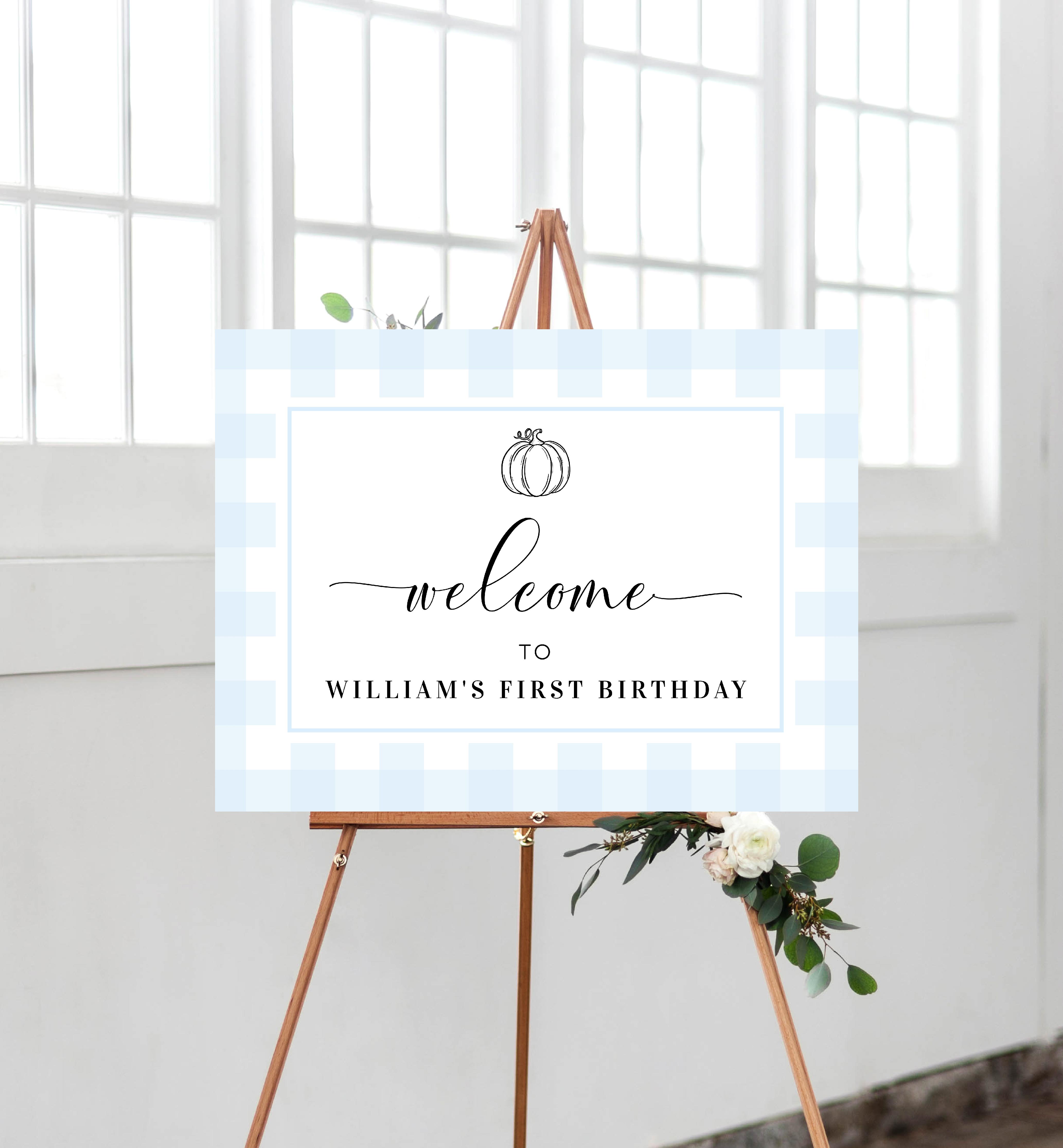 GIN-BLU-3-B2331 - GINGHAM - BLUE PUMPKIN - WELCOME SIGN design preview