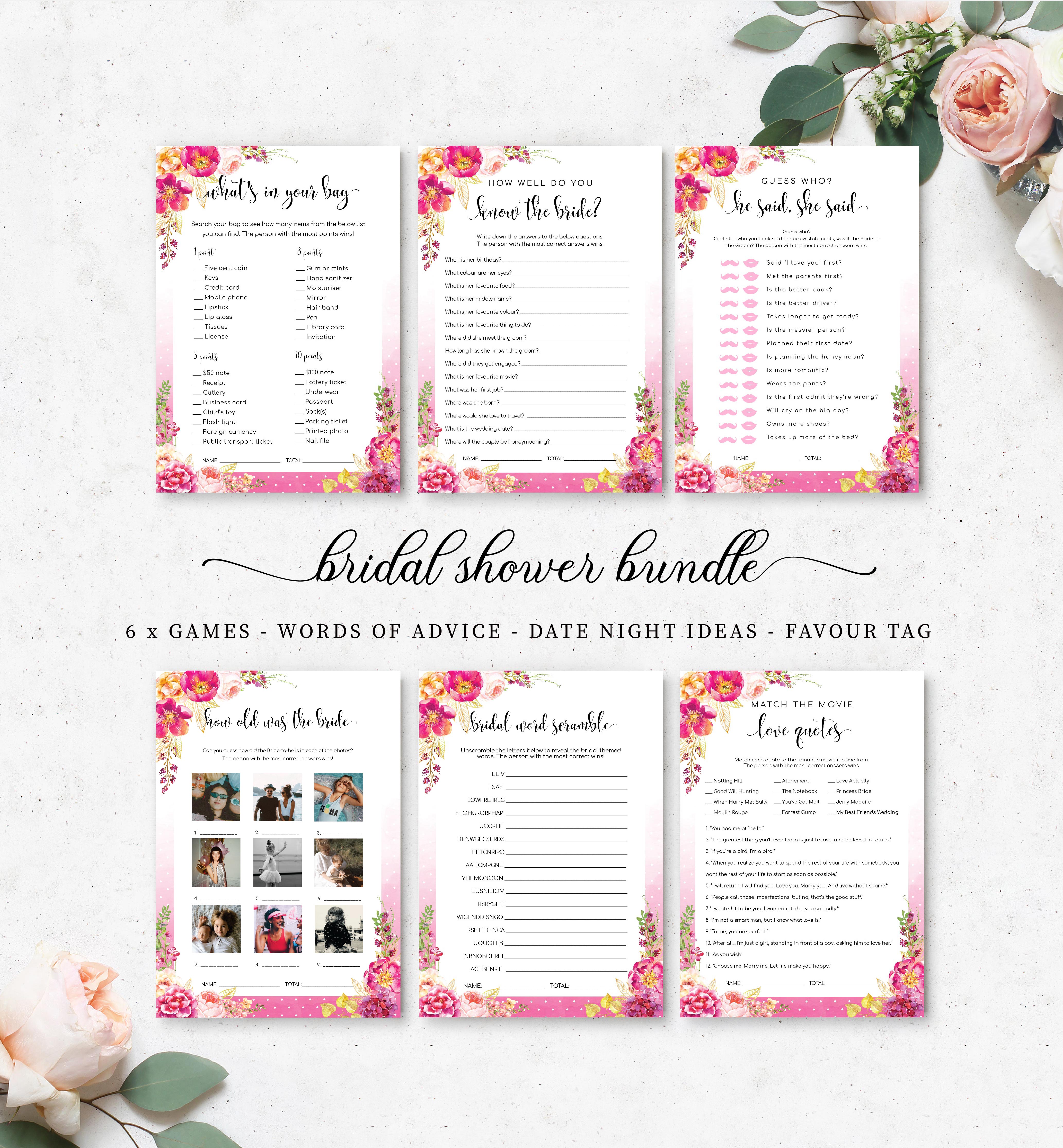 MEA-HPK-10-B1377 - MEADOW - HOT PINK - BRIDAL SHOWER GAMES BUNDLE design preview
