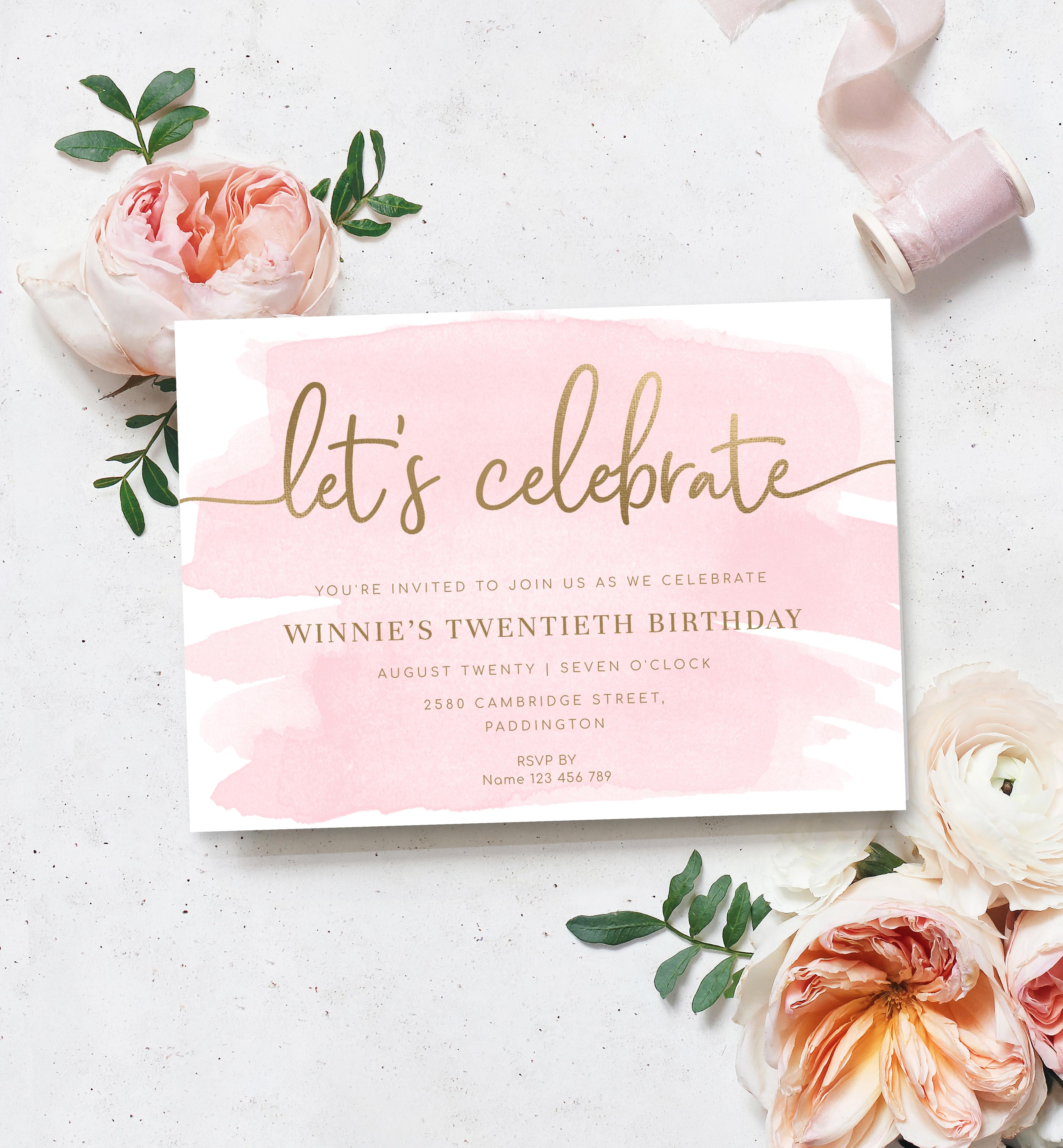 WAT-PNK-1-B1997 - WATERCOLOUR PINK - GOLD - LET'S CELEBRATE INVITATION design preview