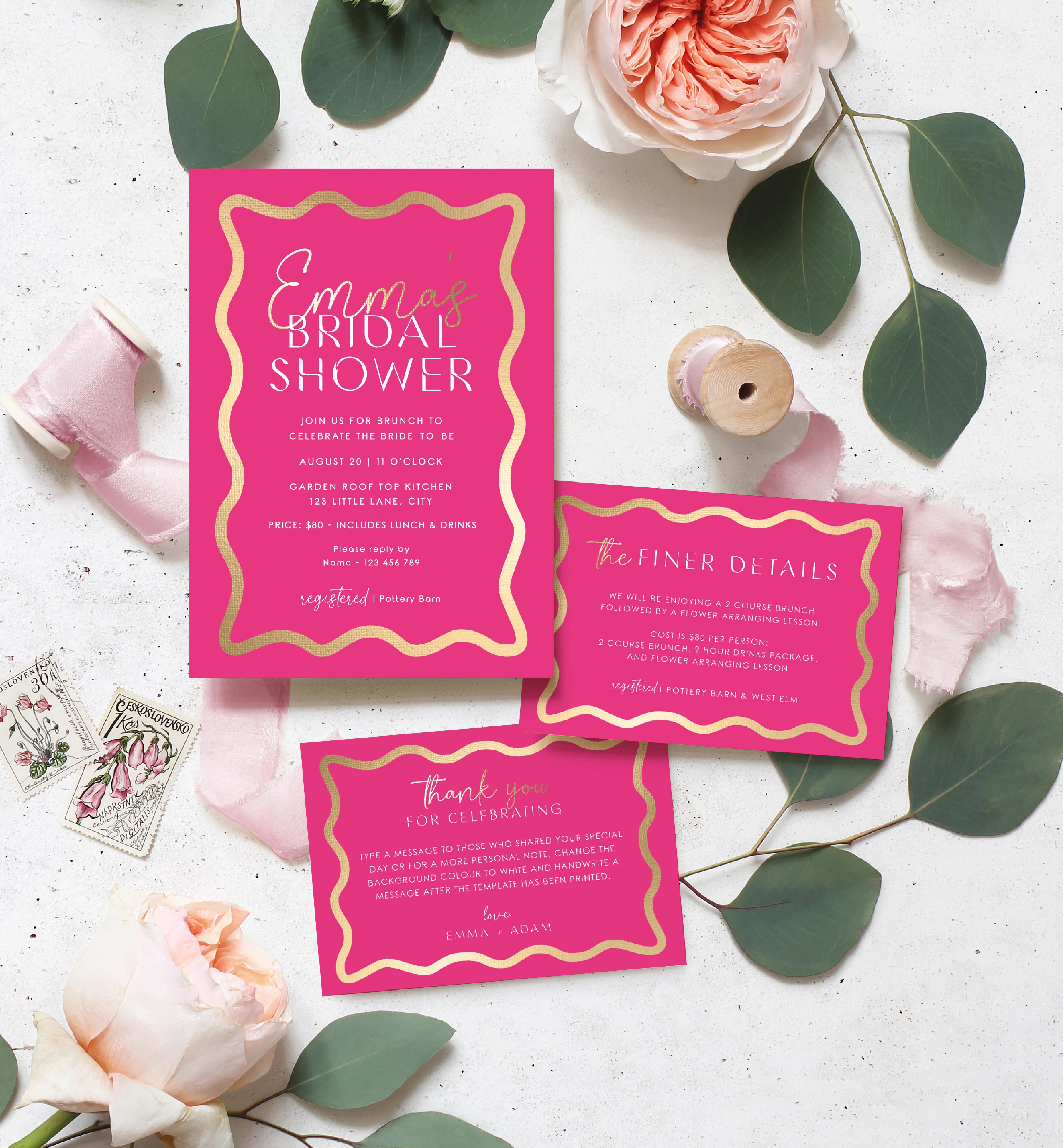 WAV-HPG-1-B2565 - WAVE - HOT PINK GOLD - BRIDAL SHOWER INVITATION SUITE design preview