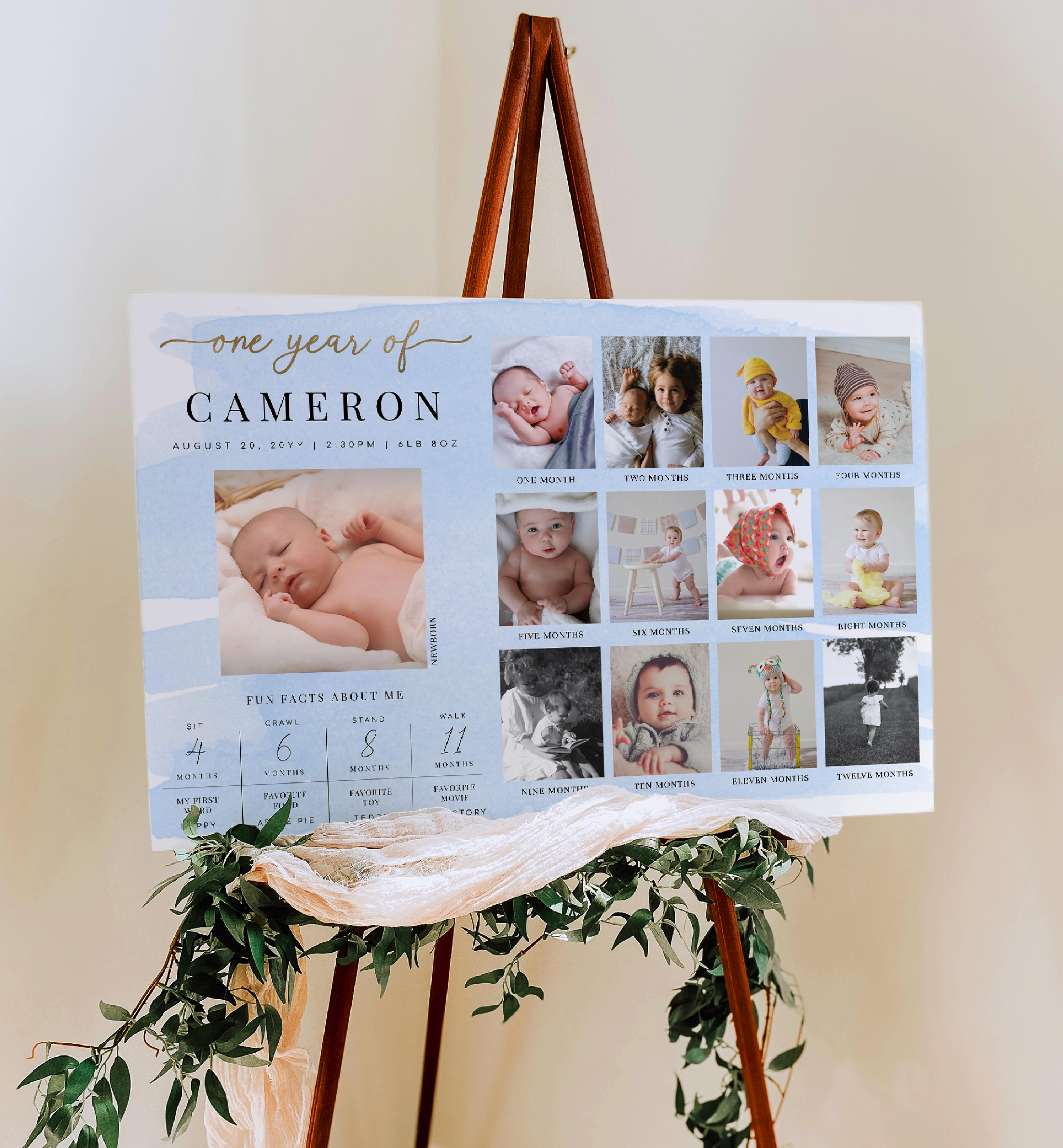 WAT-BLU-7-B2576 - WATERCOLOUR BLUE - GOLD - PHOTO TIMELINE AND MILESTONE SIGN design preview