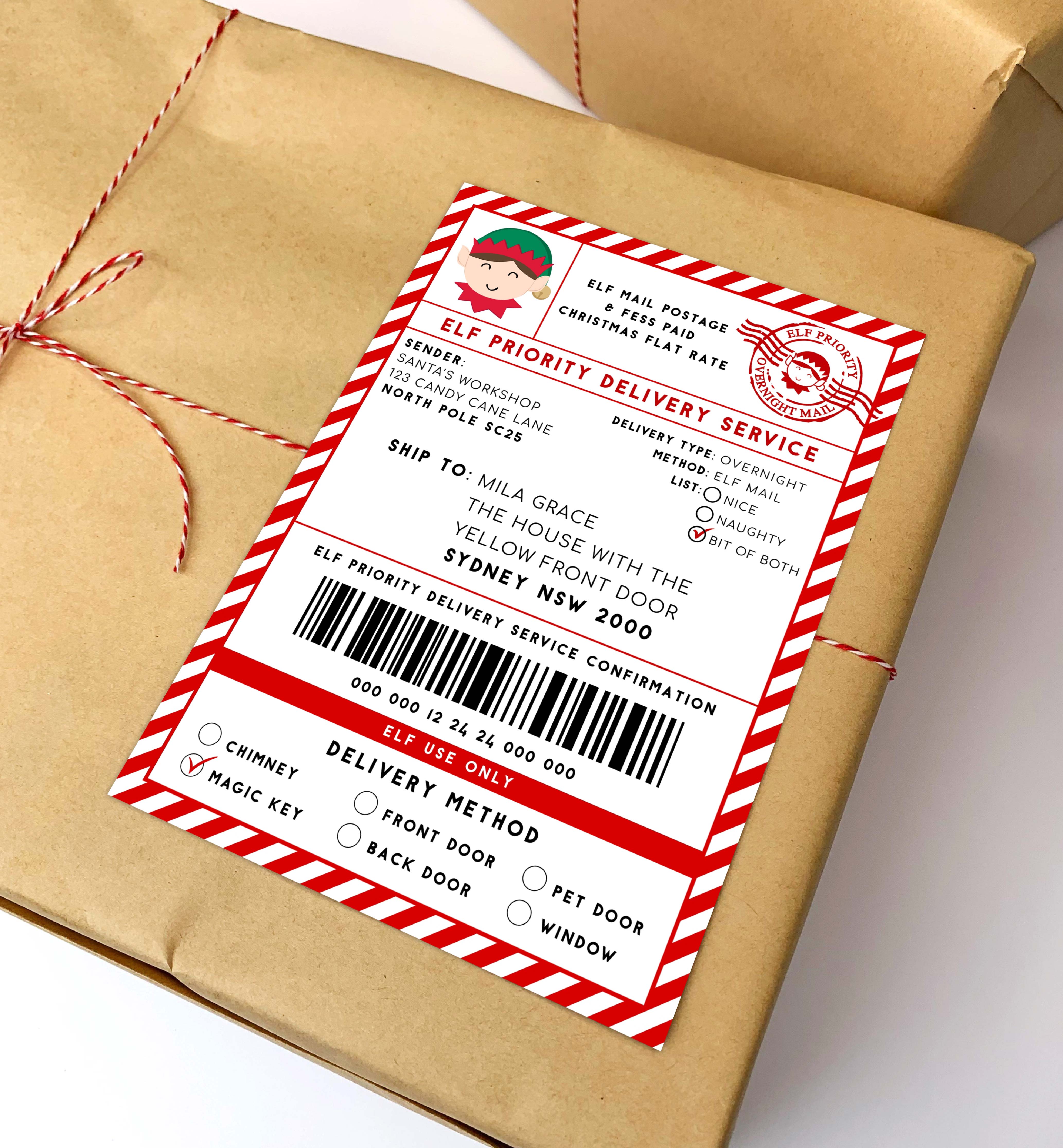 SAW-RED-6-B2939 - SANTAS WORKSHOP - RED - ELF SHIPPING LABEL design preview
