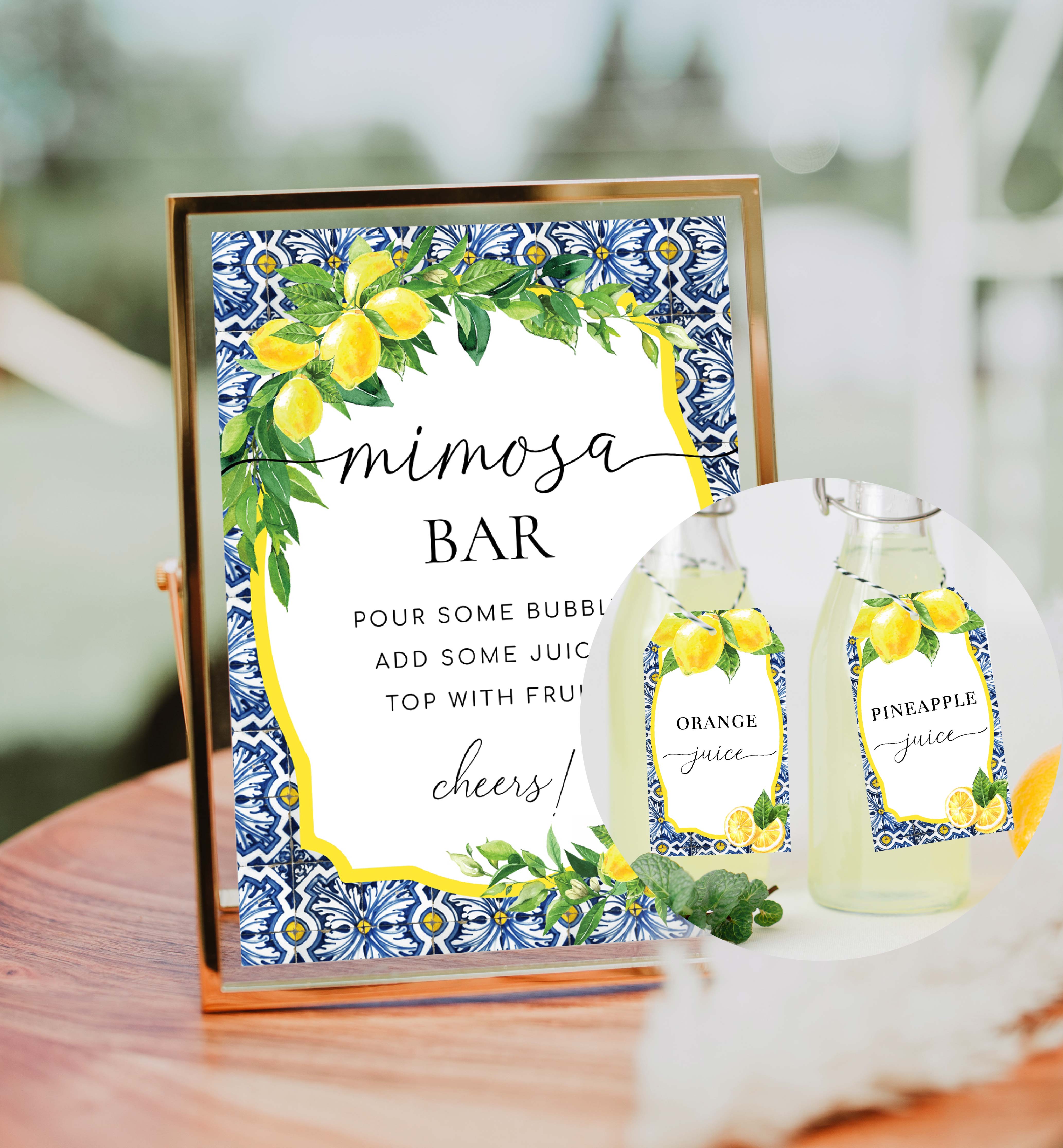 POS-BLY-7-B1209 - POSITANO BLUE TILE - LEMONS - MIMOSA BAR SIGN AND JUICE TAGS BUNDLE design preview