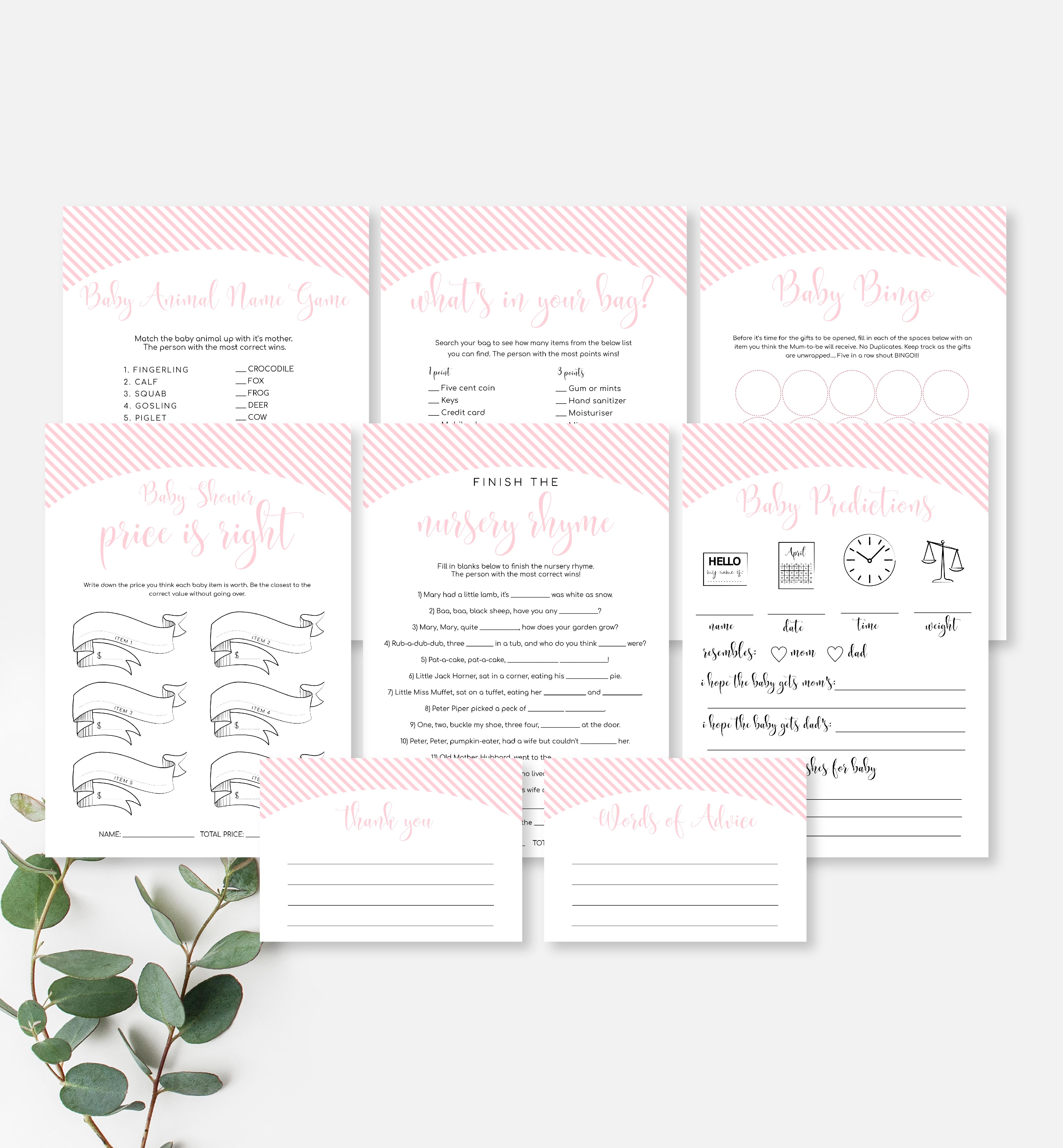 STR-PNK-10-B1256 - STRIPE - PINK - BABY SHOWER GAME BUNDLE design preview