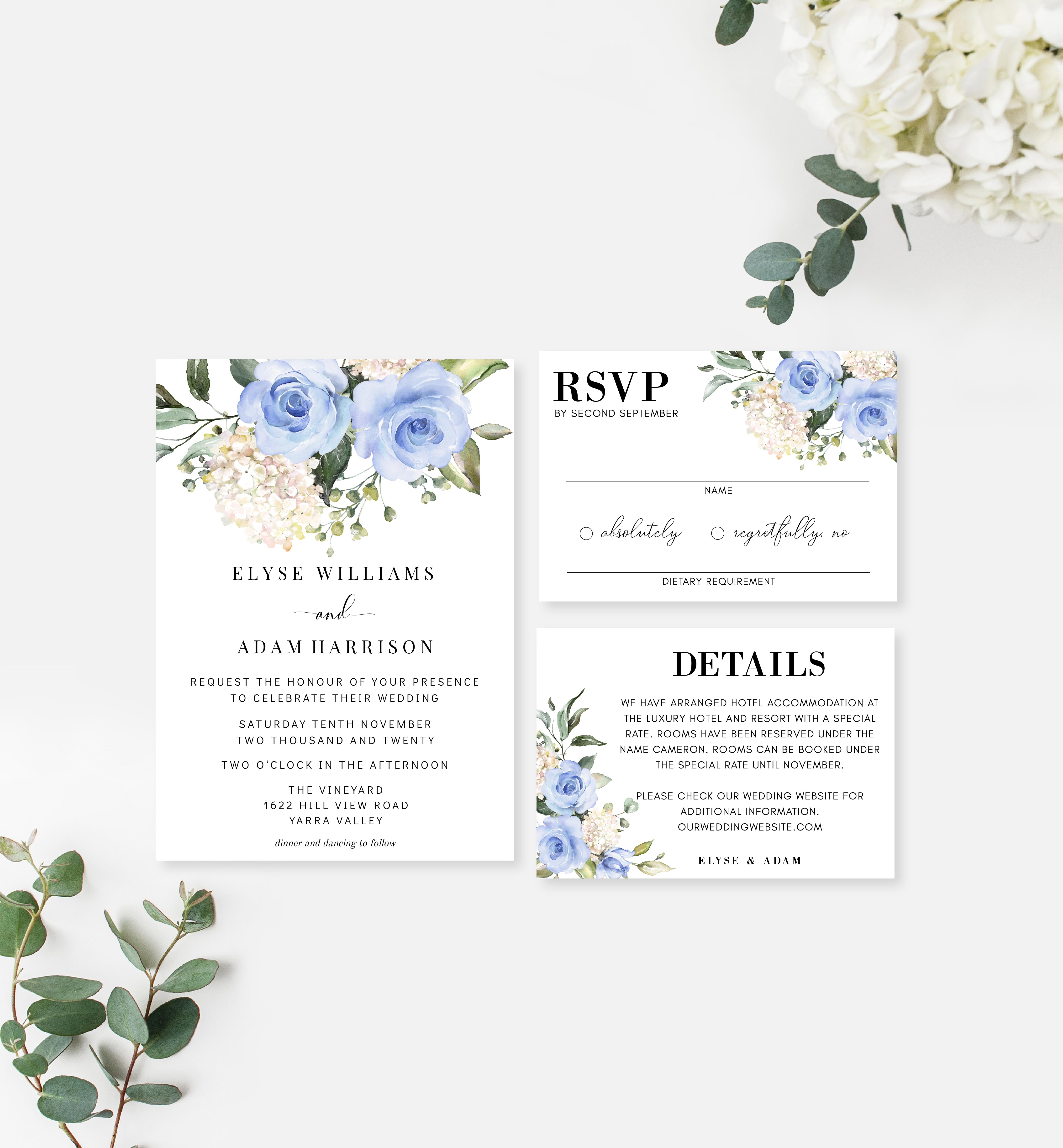 DAR-BLU-1-B171 - DARCY FLORAL - BLUE - WEDDING INVITATION SUITE design preview
