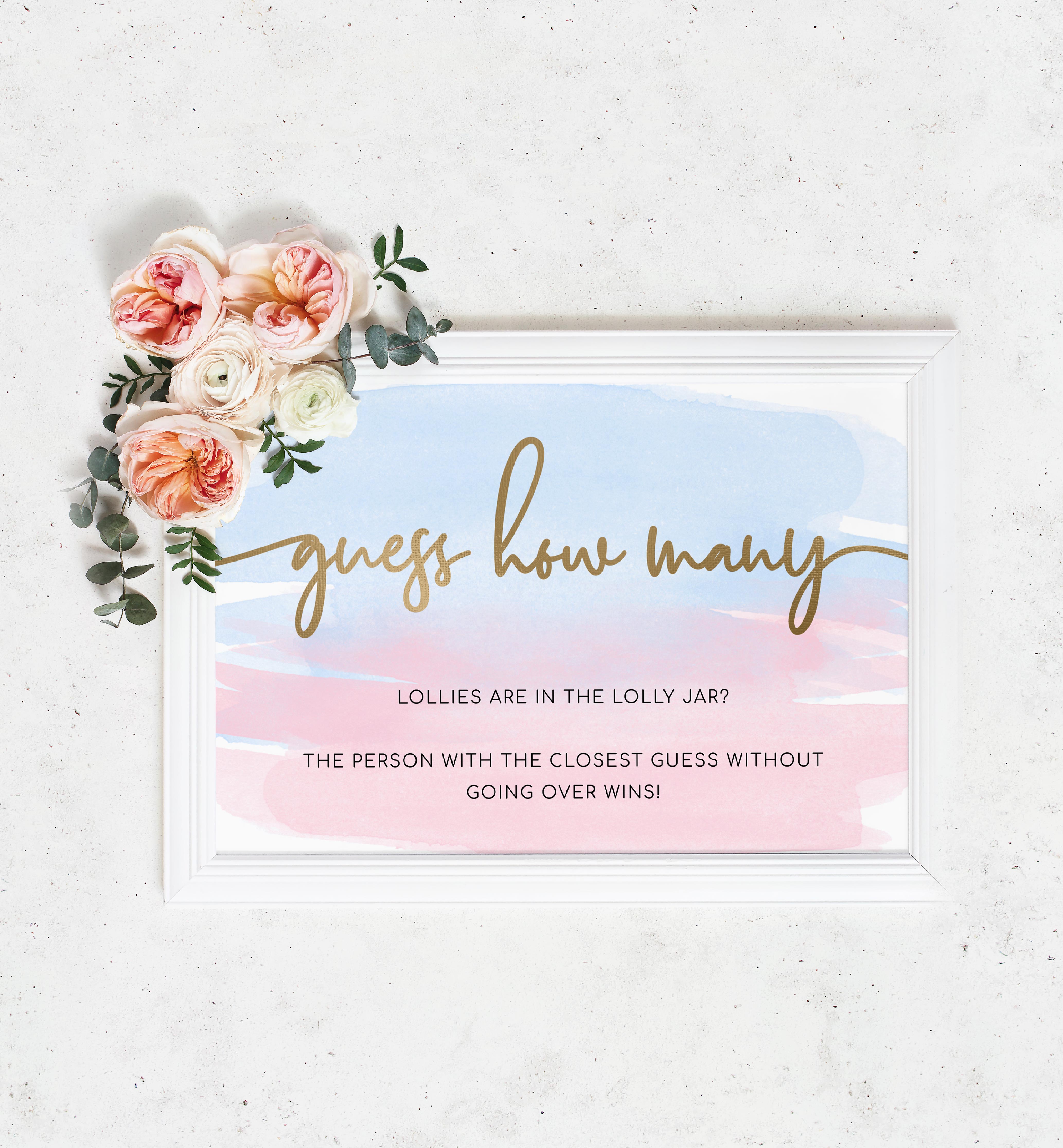 WAT-PNB-10-B508 - WATERCOLOUR PINK BLUE - GOLD FOIL - GUESS HOW MANY SIGN AND CARD design preview