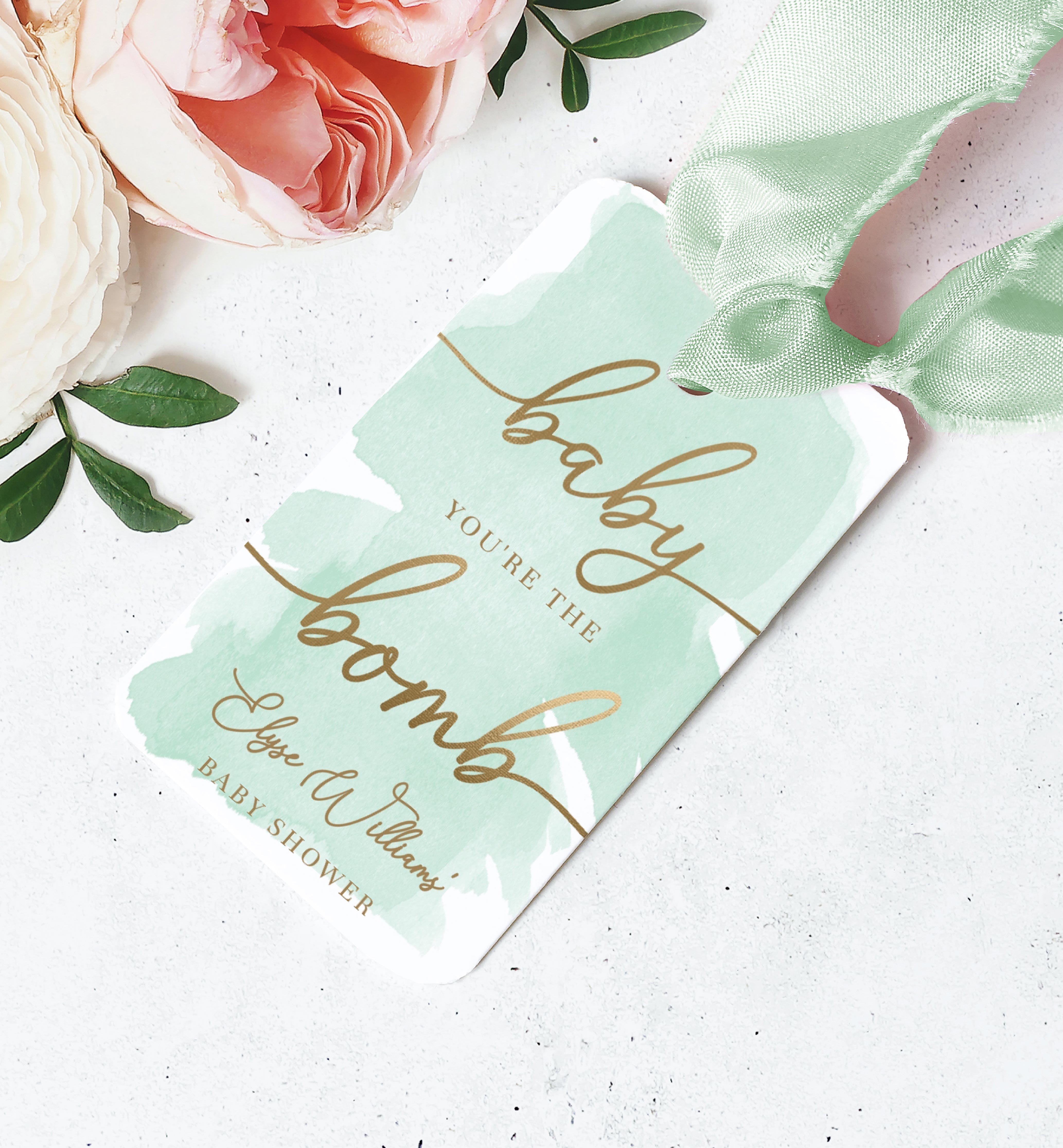 WAT-GRE-6-B1929 - WATERCOLOUR GREEN - GOLD - BABY YOU'RE THE BOMB FAVOUR TAG design preview
