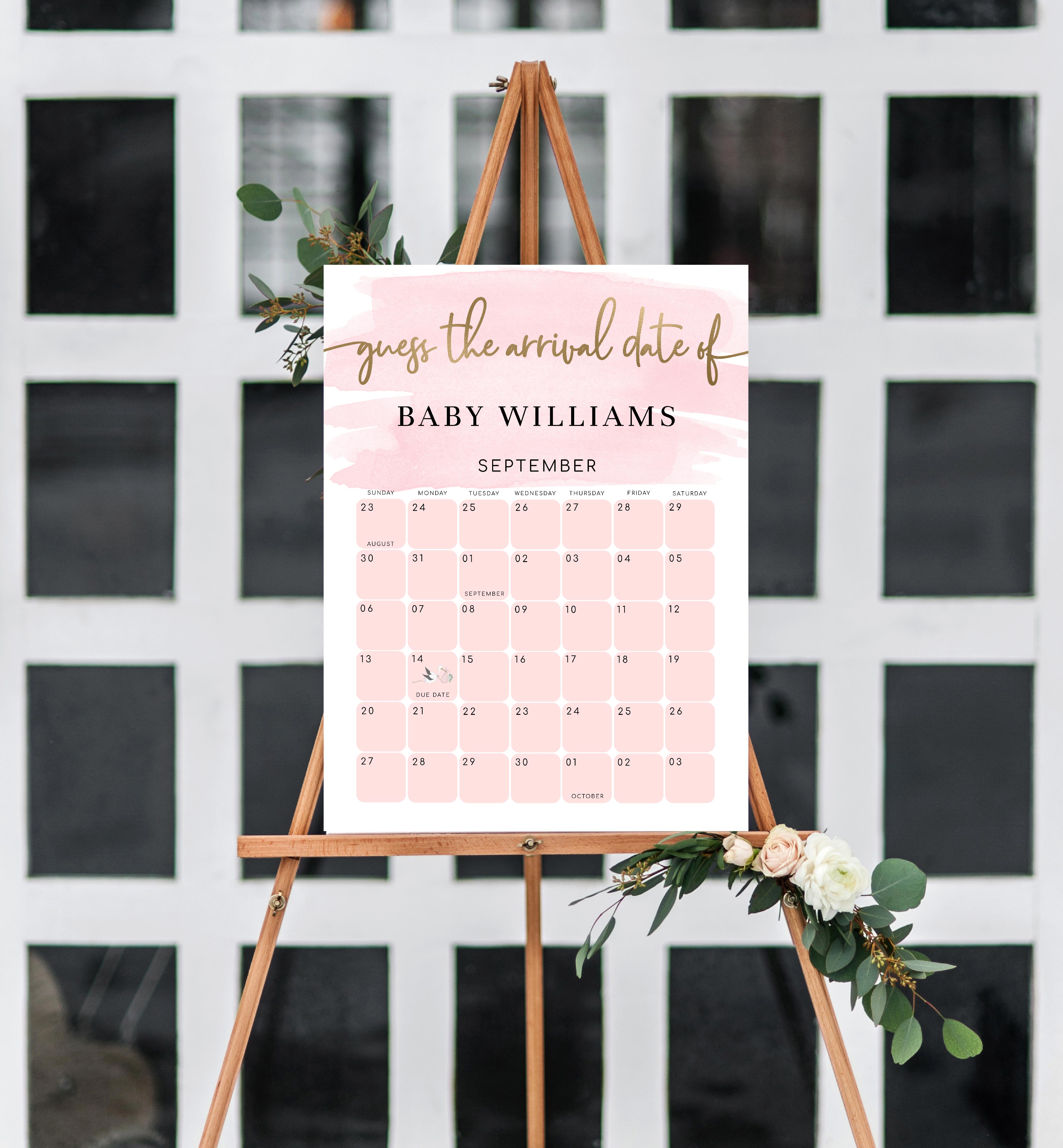 WAT-PNK-10-B1602 - WATERCOLOUR PINK - GOLD - GUESS THE ARRIVAL DATE SIGN design preview