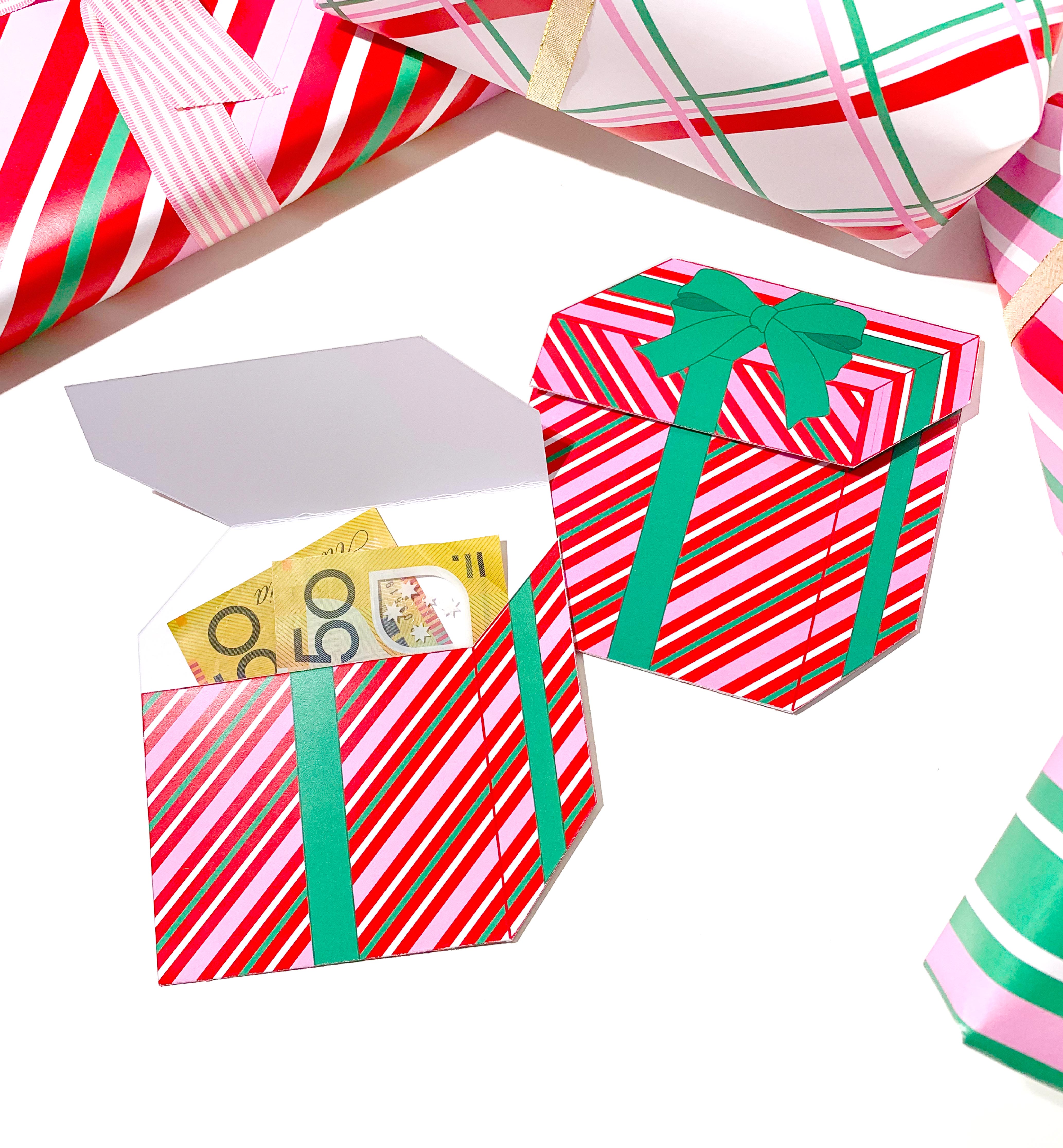 STR-RGP-14-B2430 - STRIPE - RED GREEN PINK - PRESENT BOX MONEY WALLET design preview