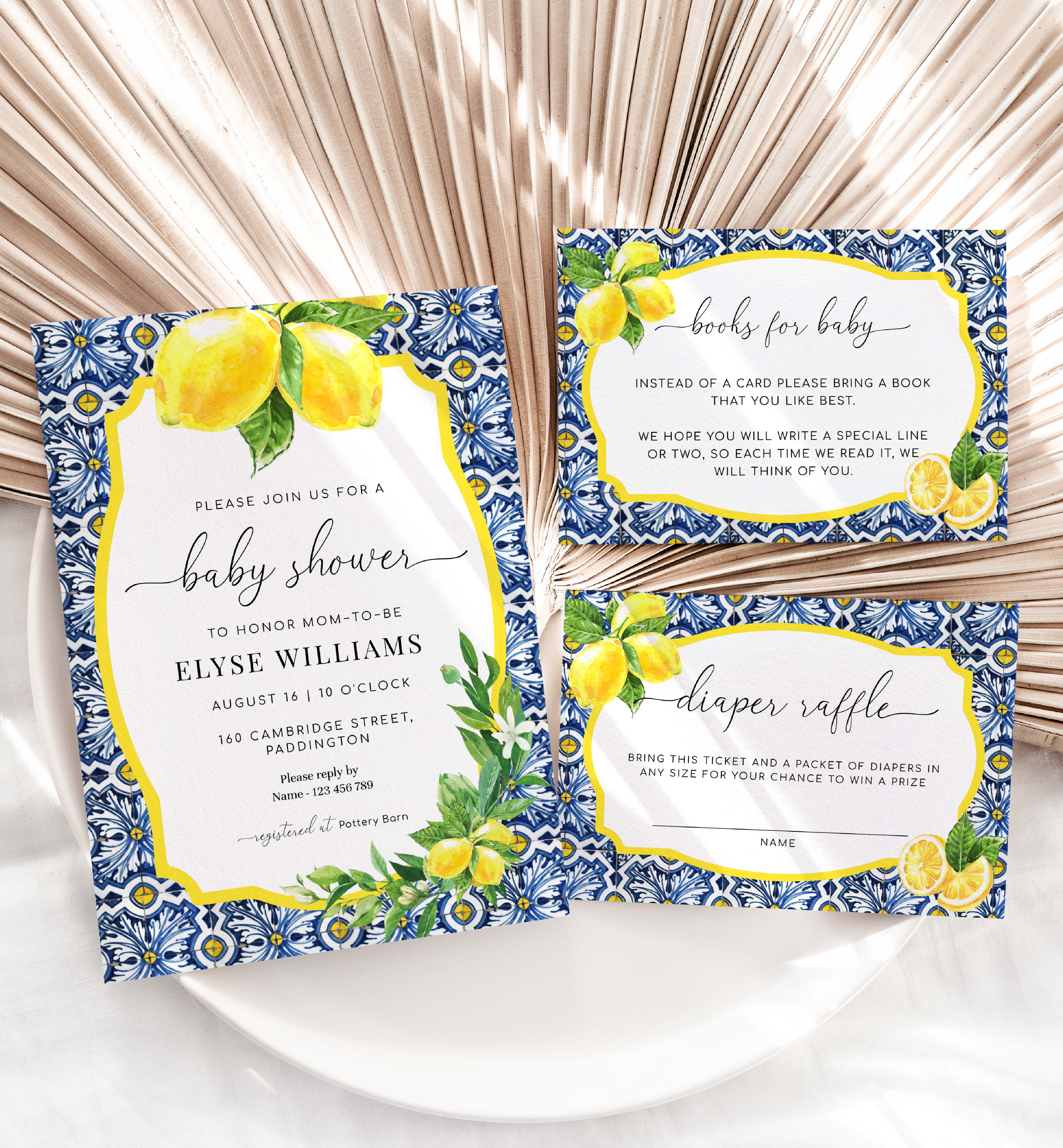 POS-BLY-1-B068 - POSITANO BLUE TILE LEMONS - BABY SHOWER INVITATION SUITE design preview