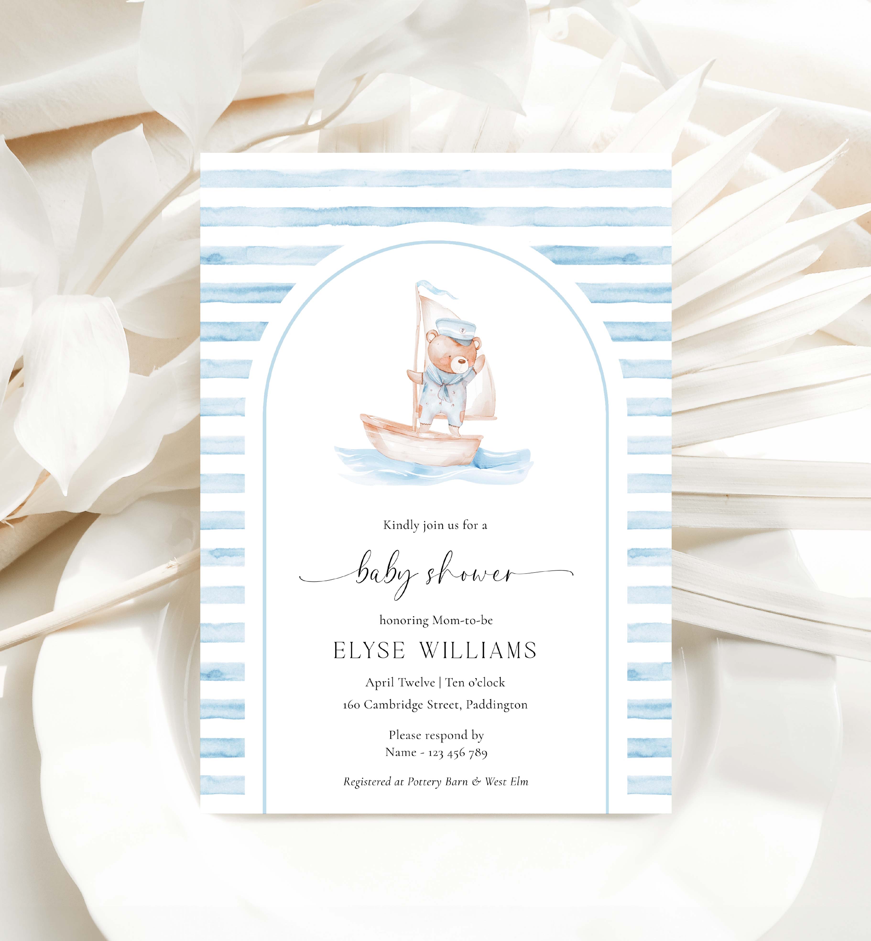 SBR-BLW-1-B3382 - SAILOR BEAR - BLUE WHITE - BABY SHOWER ARCH INVITATION design preview