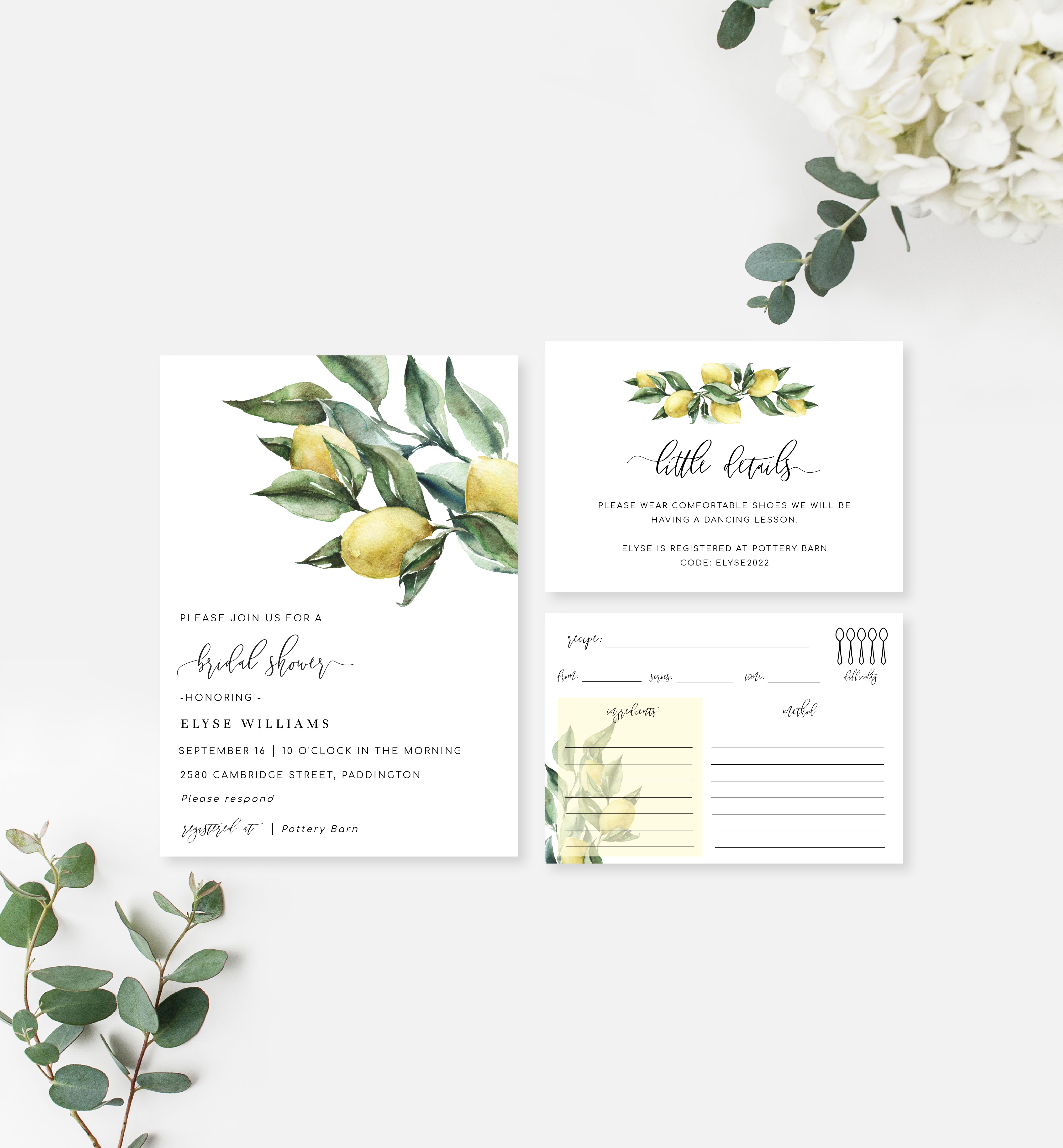 TUL-YEL-1-B761 - TUSCAN LEMONS - YELLOW - BRIDAL SHOWER INVITATION SUITE design preview
