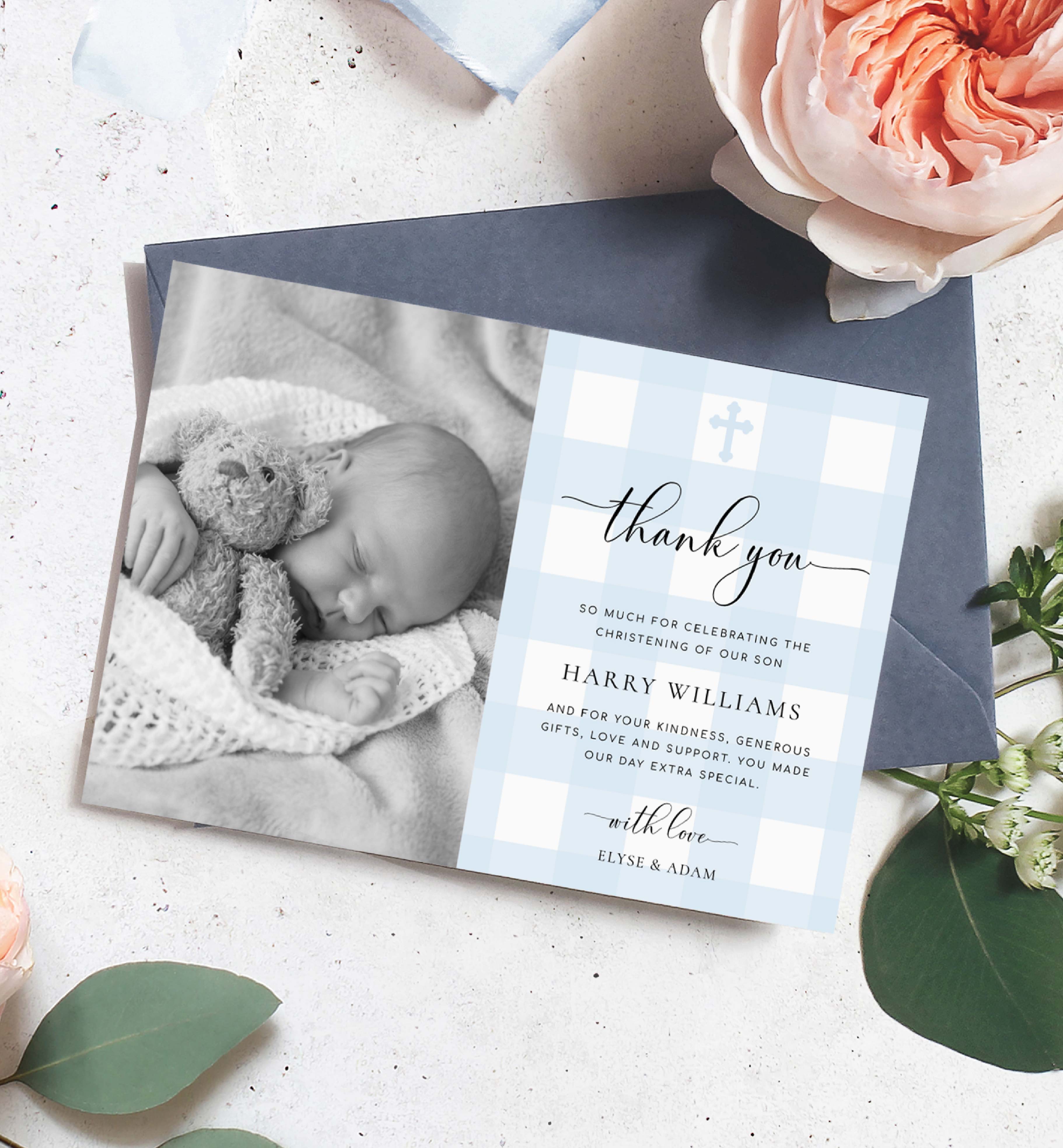 GIN-BLU-8-B3317 - GINGHAM - BLUE - PHOTO THANK YOU CARD design preview