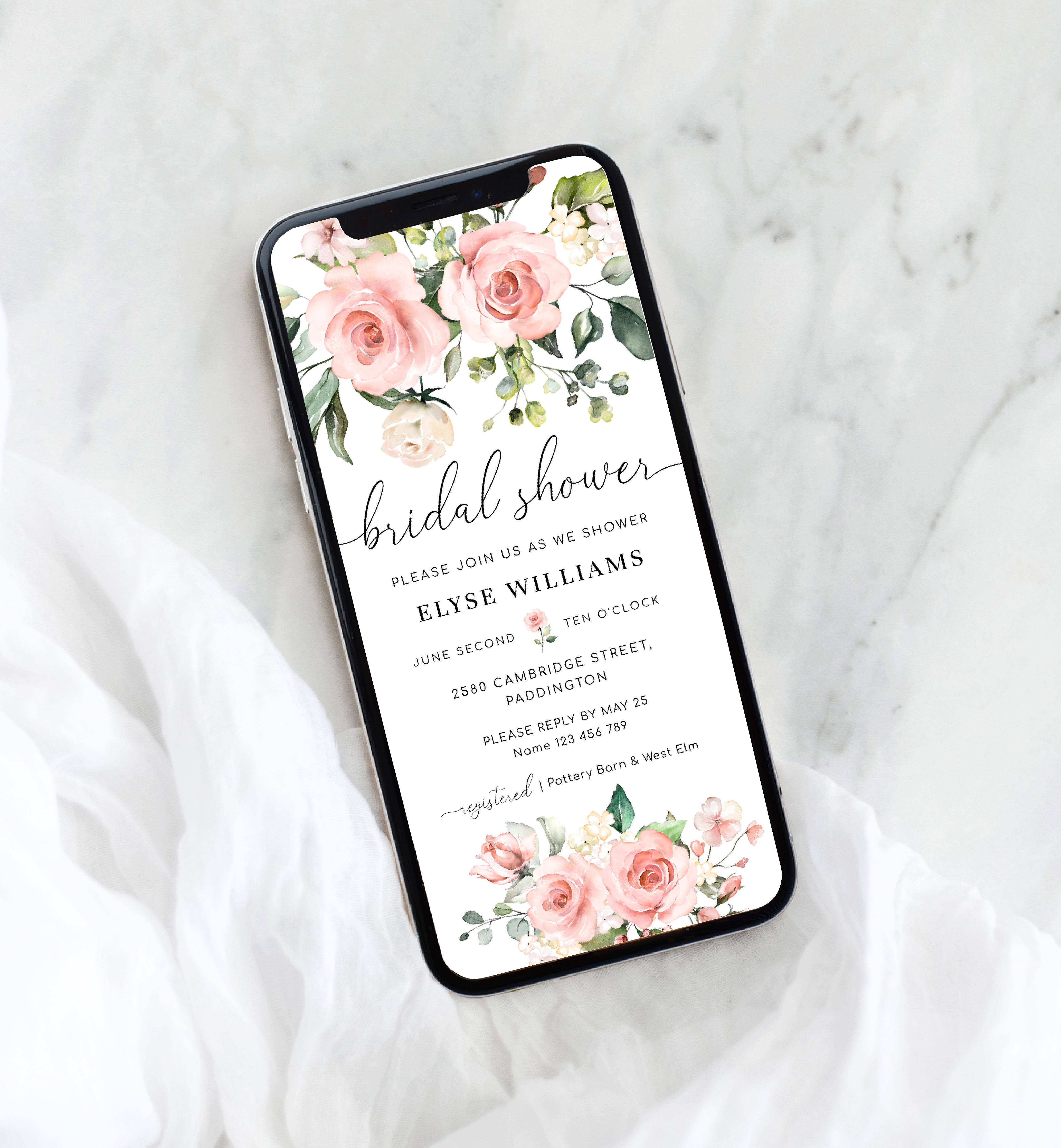 DAR-PNK-1-B168 - DARCY FLORAL - PINK - BRIDAL SHOWER SMARTPHONE INVITATION design preview